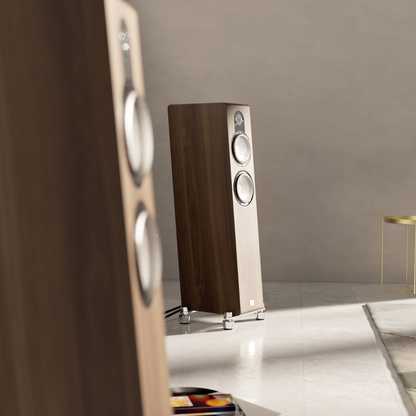 Wooden floor-standing speakers in a room with a neutral colour scheme.