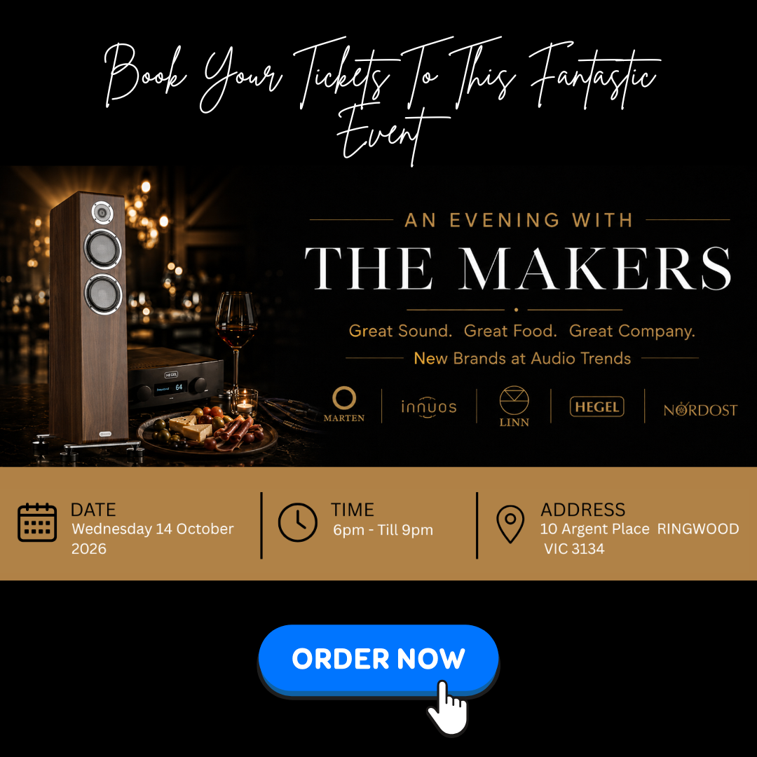 Promotional graphic for an event ticket booking, featuring a speaker and audio equipment in a dimly lit bar scene, with text reading 'An Evening With The Makers' and event details including date, time, and address. A blue 'Order Now' button is shown at the bottom with a hand cursor icon.