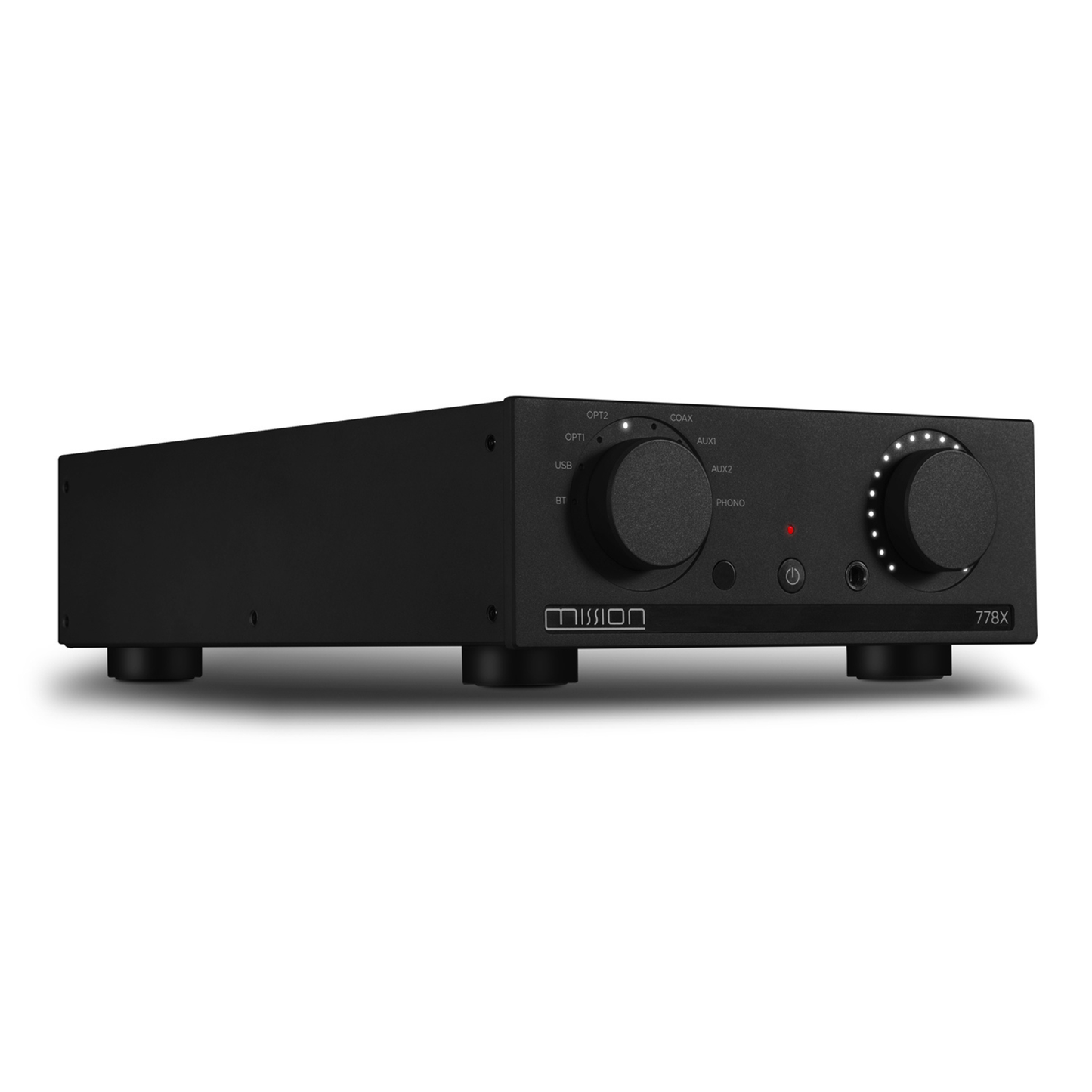 Front angle of Mission 778X Integrated Amplifier in black