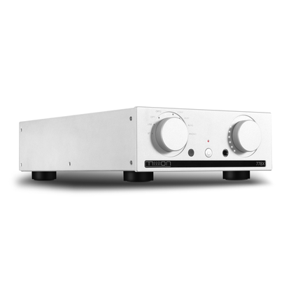 Front angle view of Mission 778X Integrated Amplifier in silver