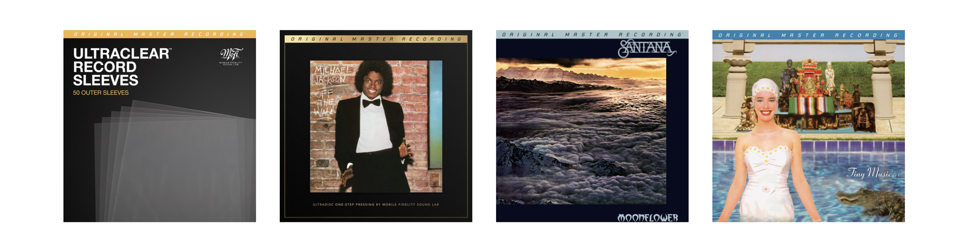 Four album covers displayed side by side with text labels.
