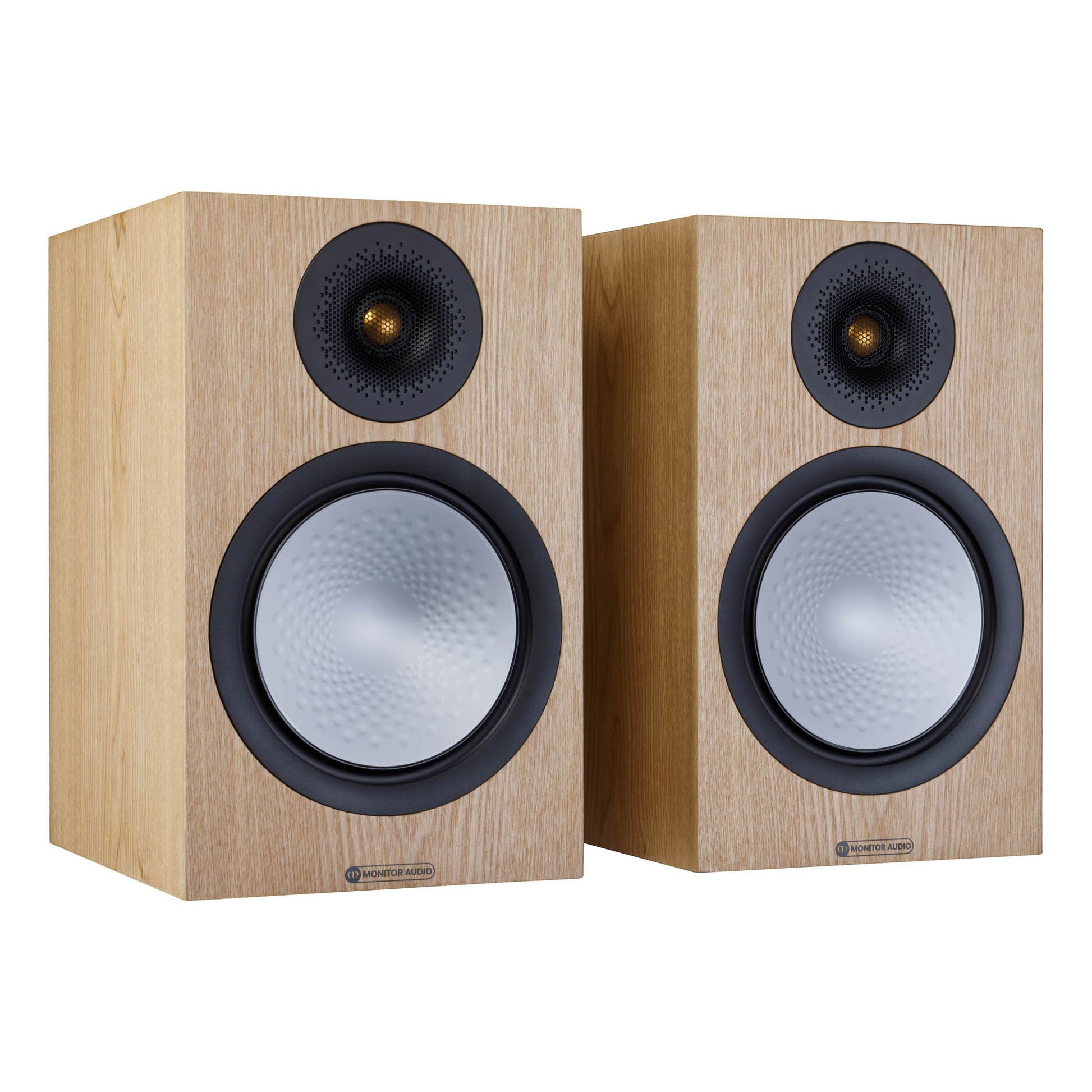 Pair of wooden speakers with black and silver drivers on a white background