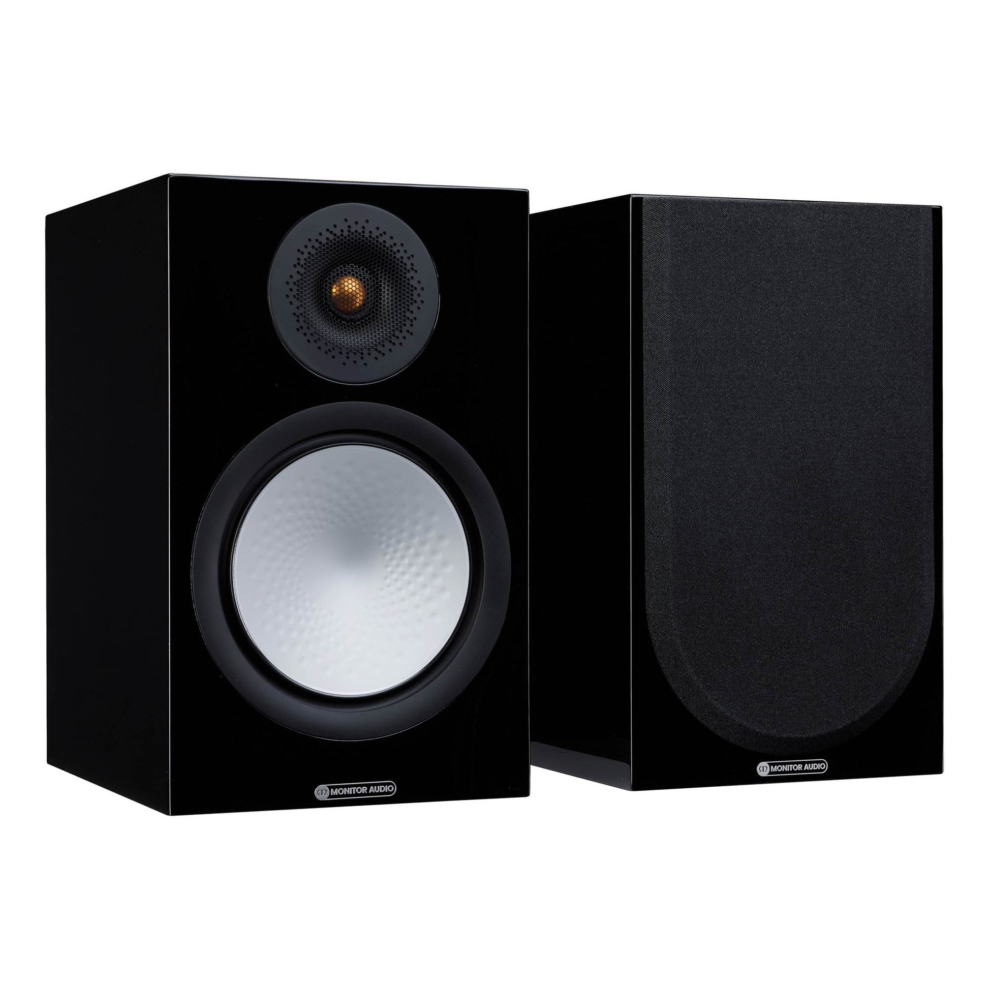 Pair of black speakers on a white background