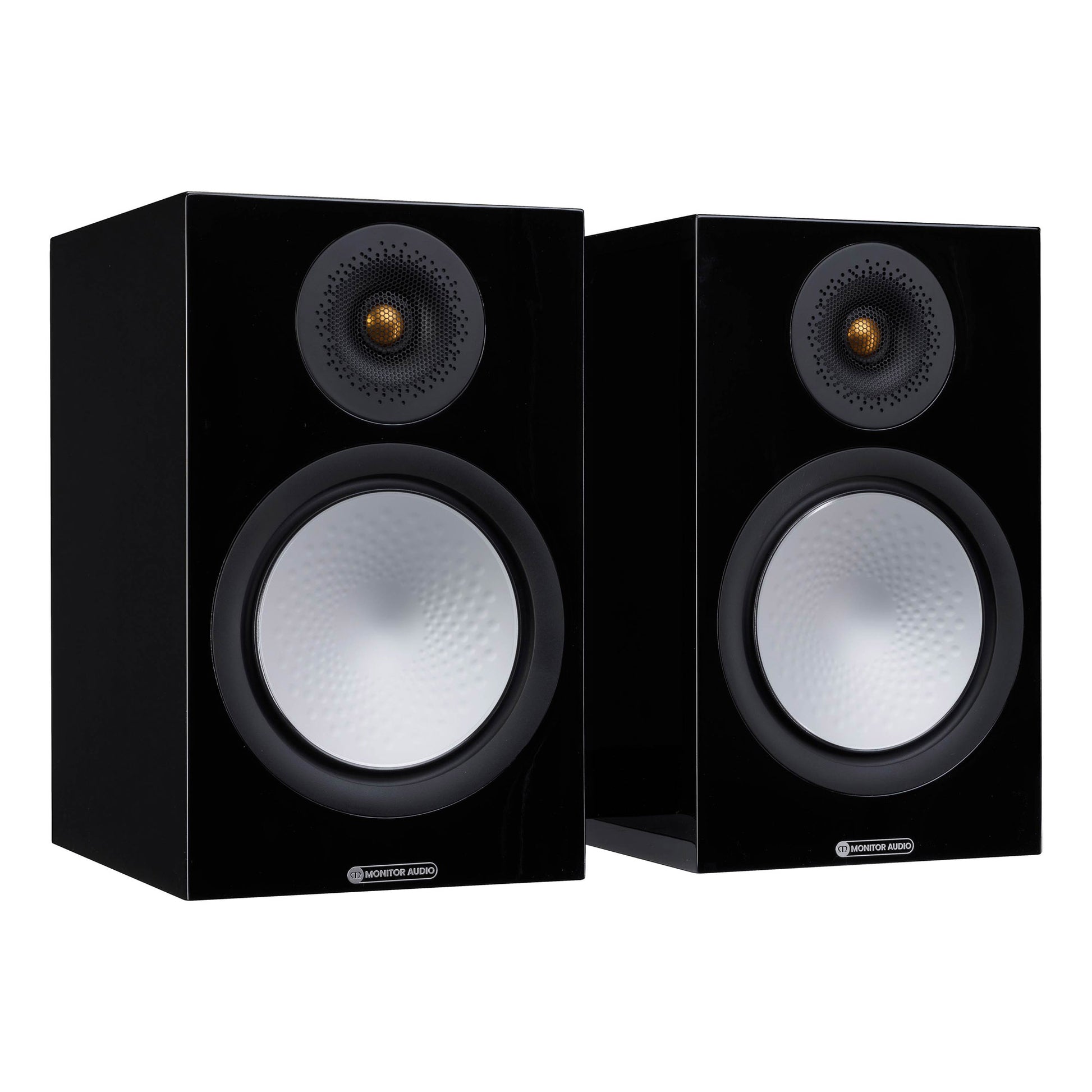 Pair of black speakers with gold accents on a white background
