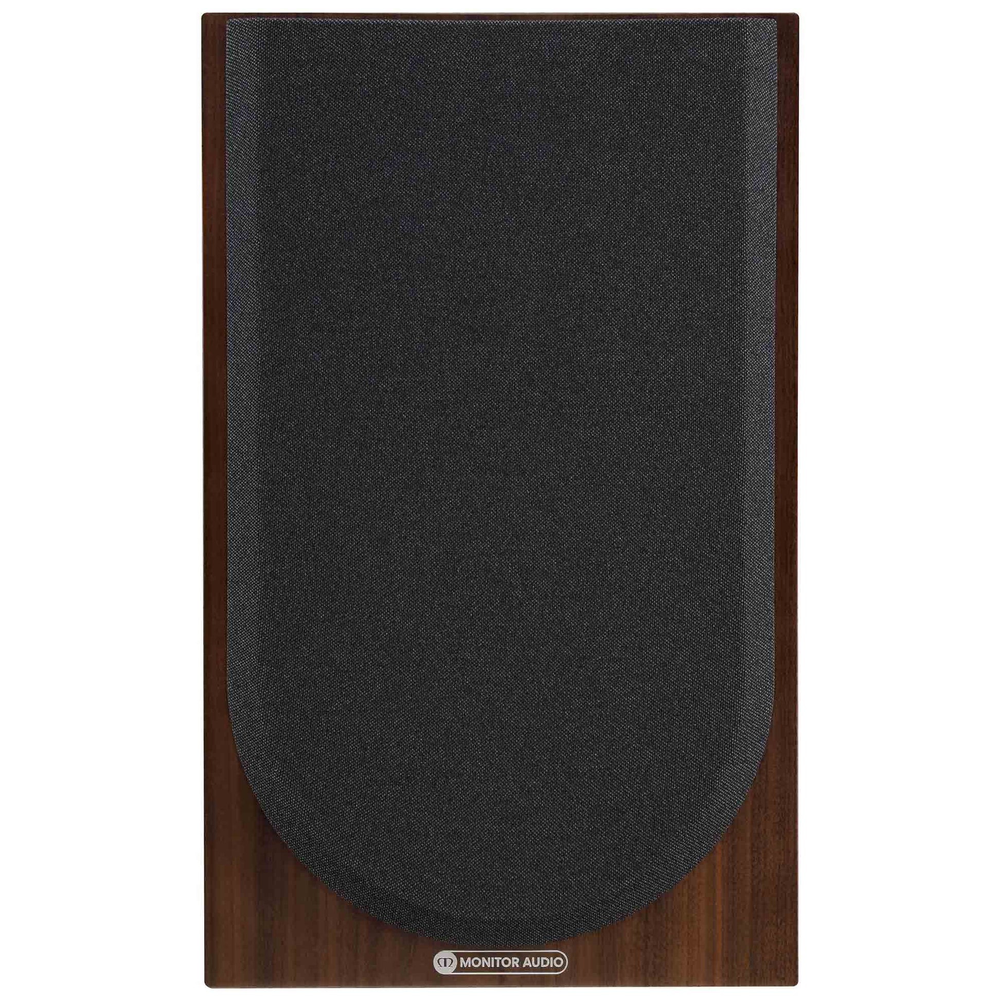 Monitor Audio speaker with dark grille and wooden side