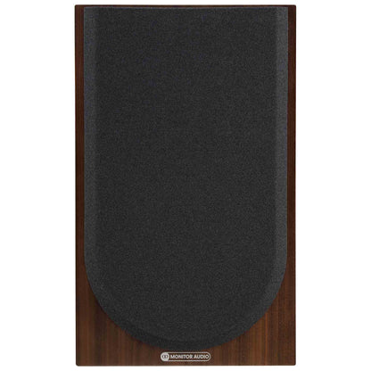 Monitor Audio speaker with dark grille and wooden side