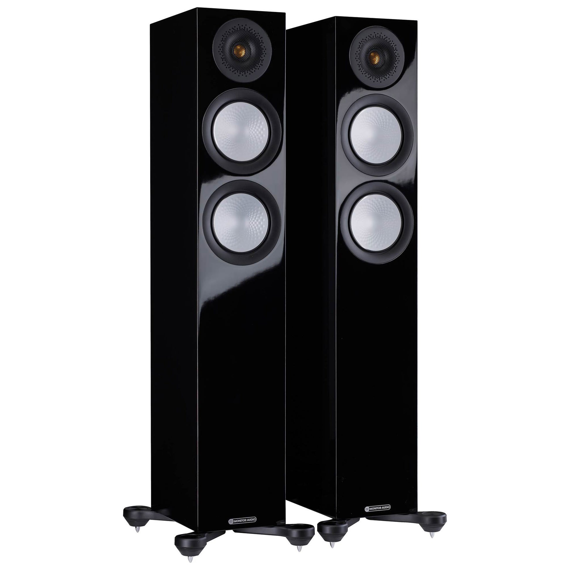 Pair of black floor-standing speakers on a white background