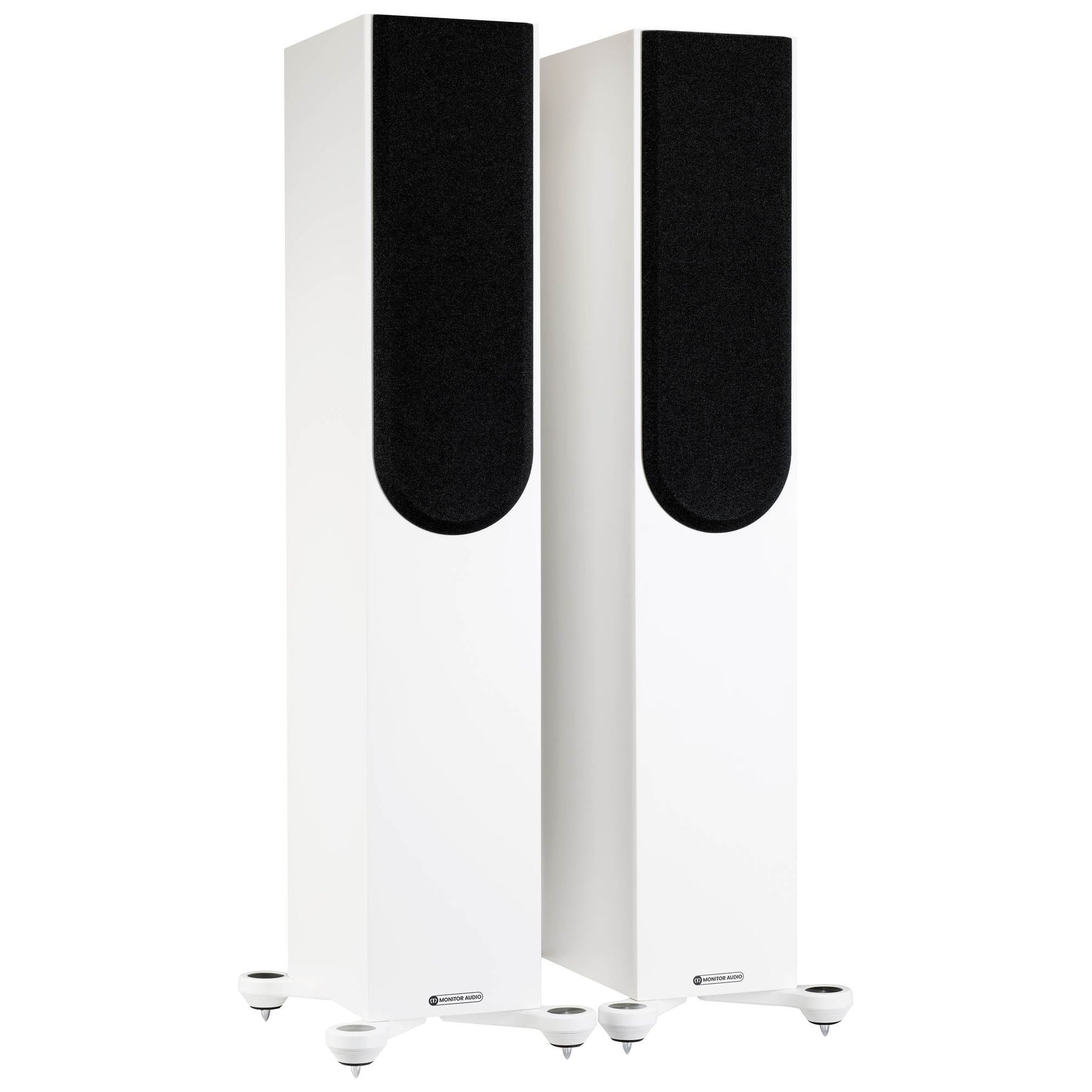 Pair of white speakers with black grilles on a white background