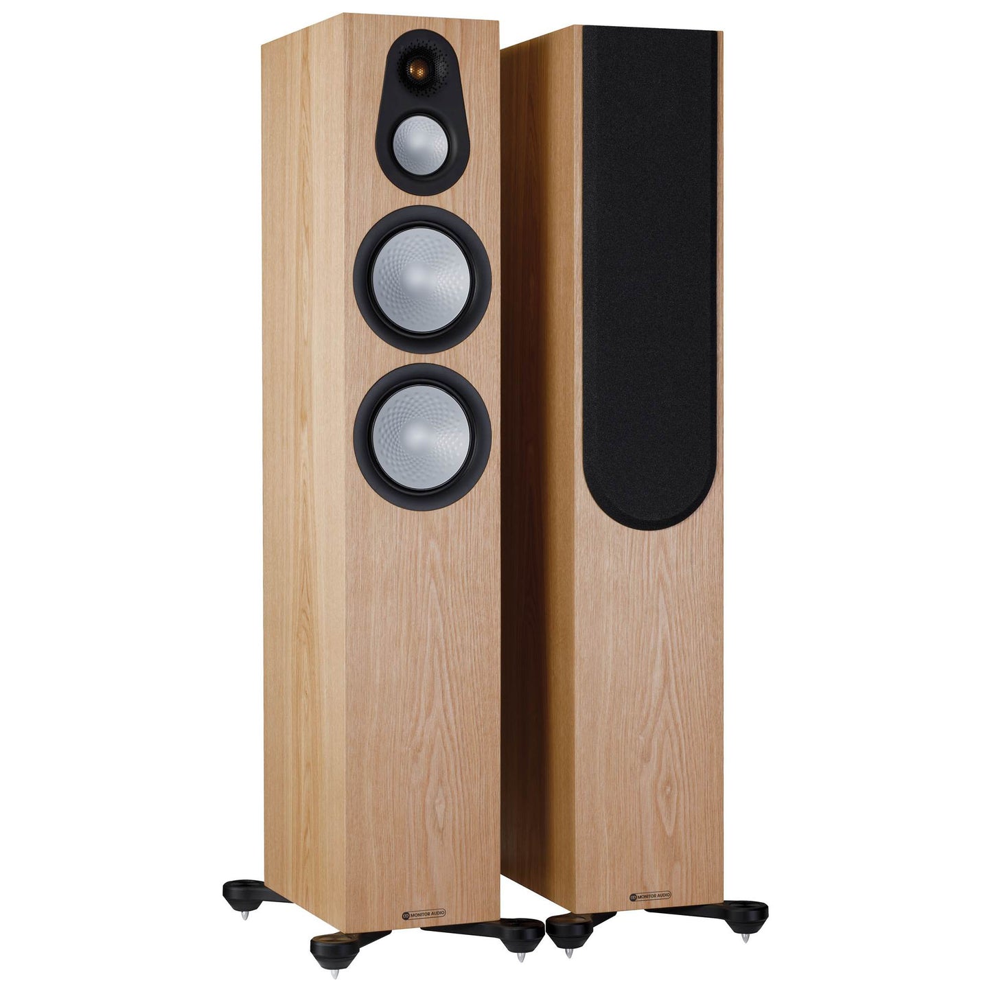 Pair of wooden floor-standing speakers on a white background