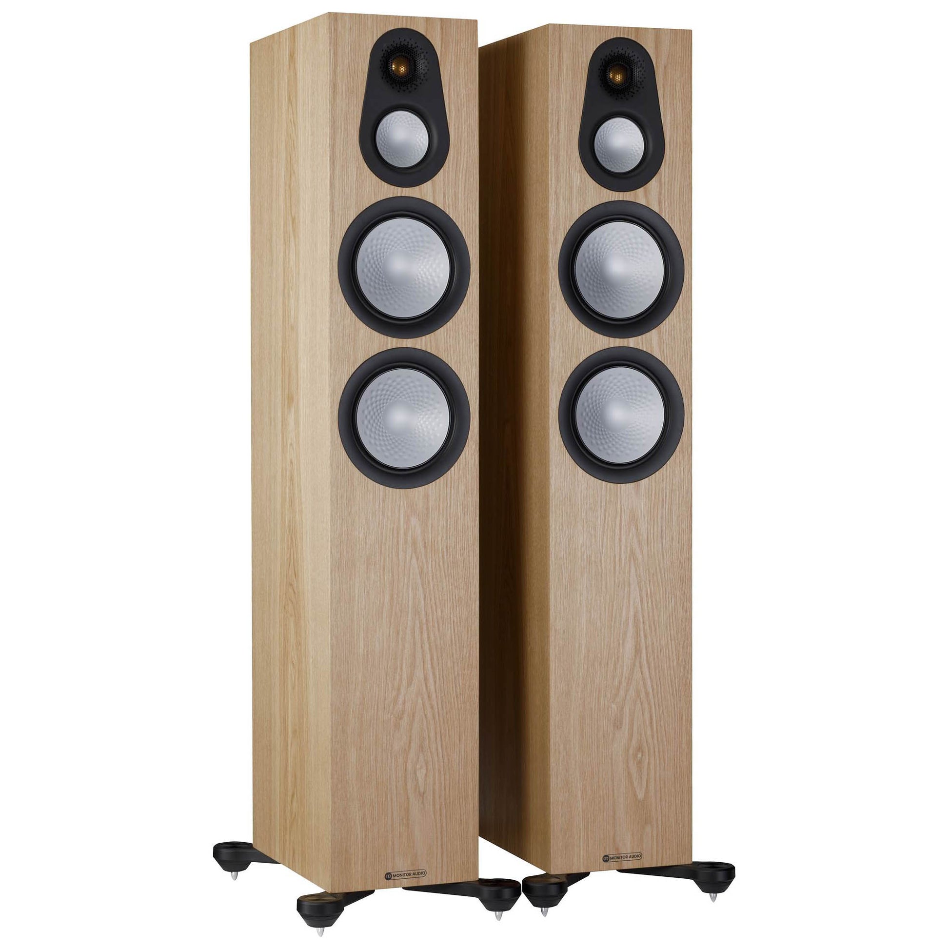 Pair of wooden floor-standing speakers on a white background