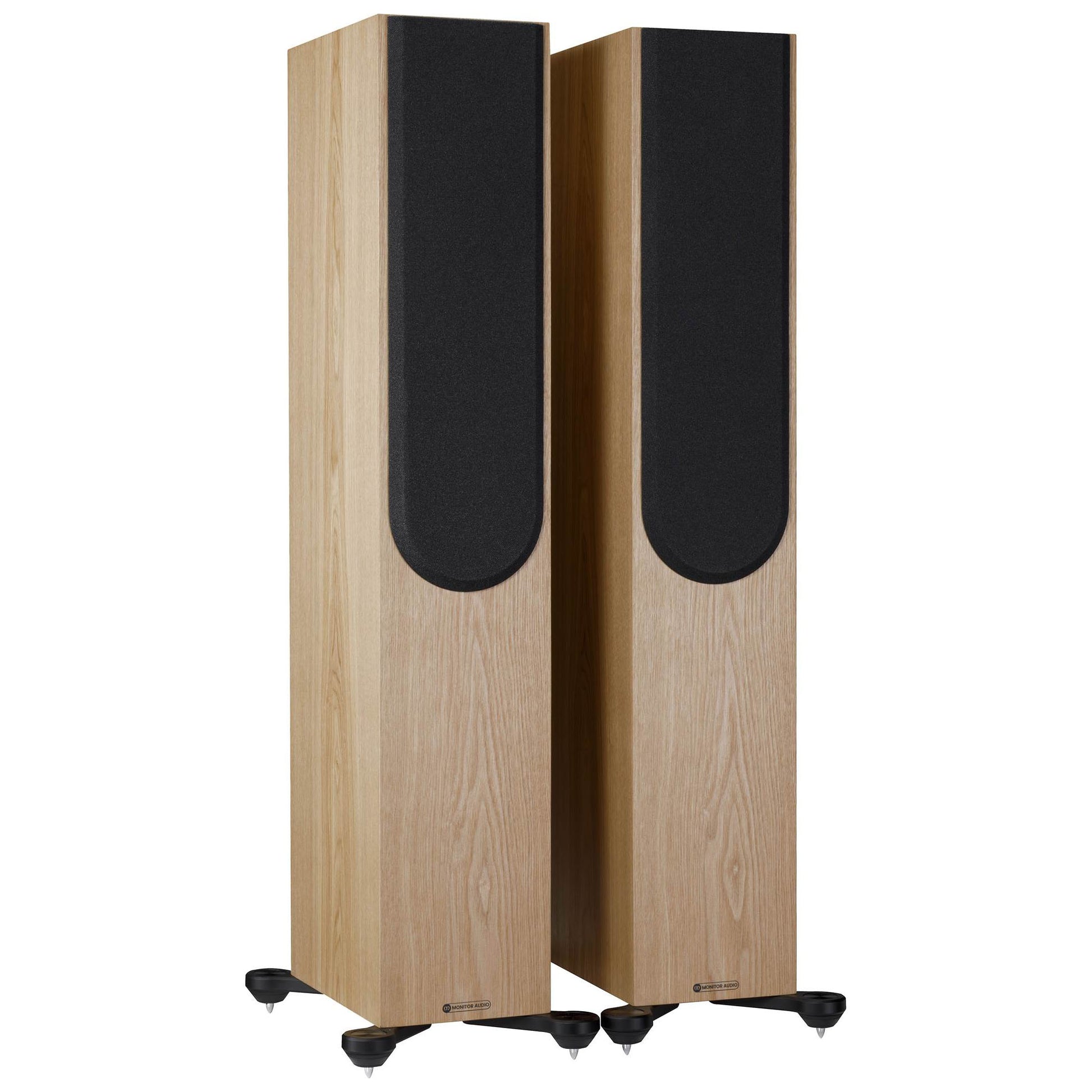 Pair of wooden floor-standing speakers with black grilles on a white background