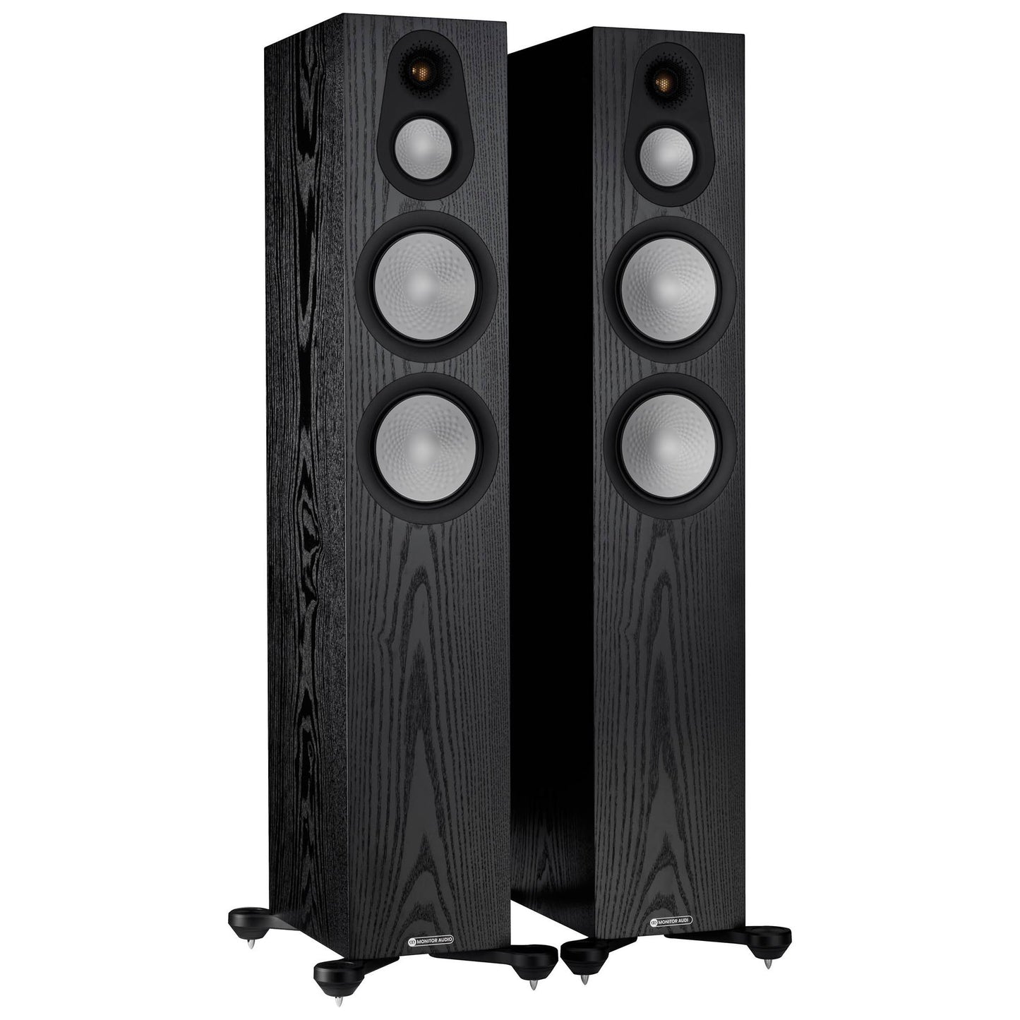 Pair of black floor-standing speakers on a white background