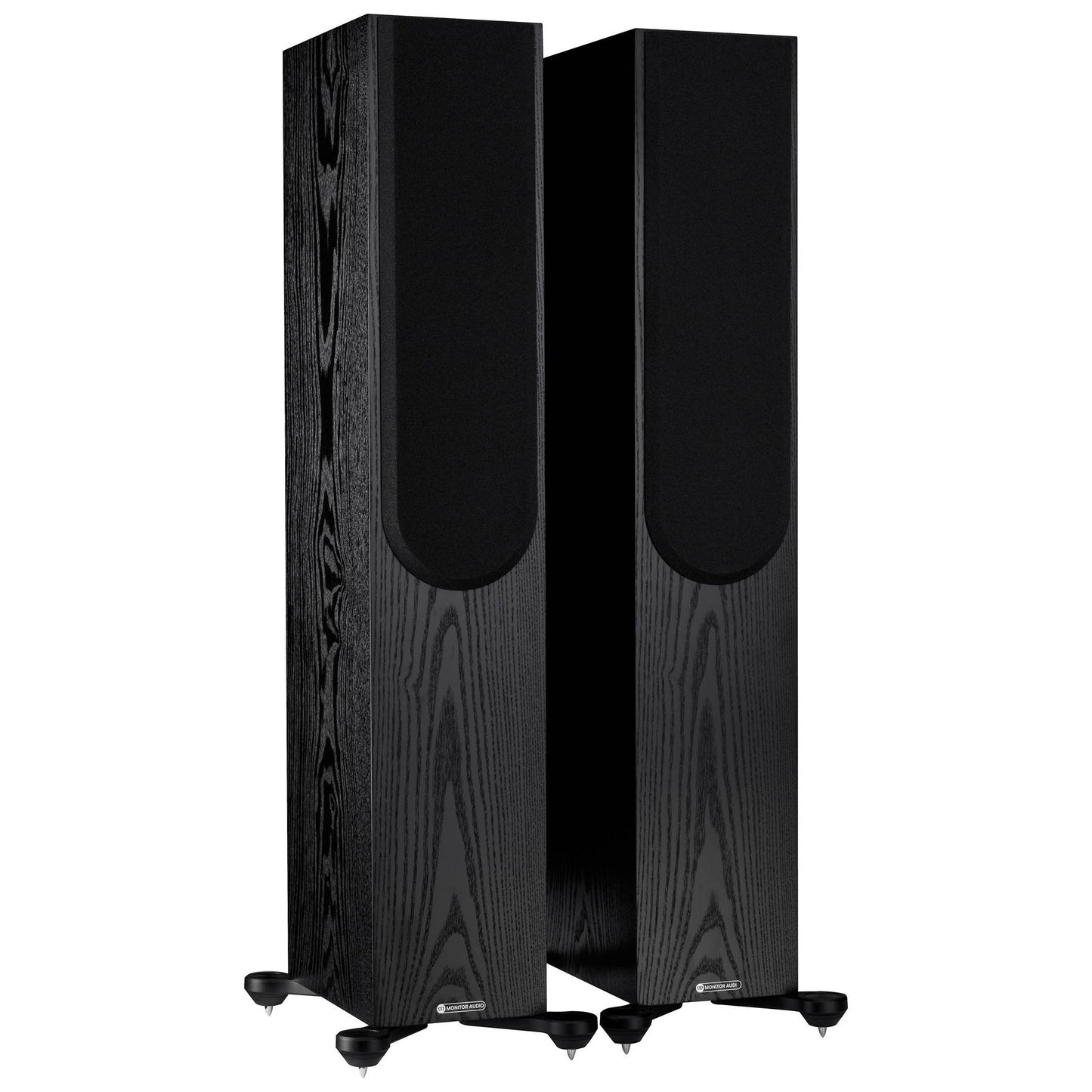 Pair of black floor-standing speakers on a white background