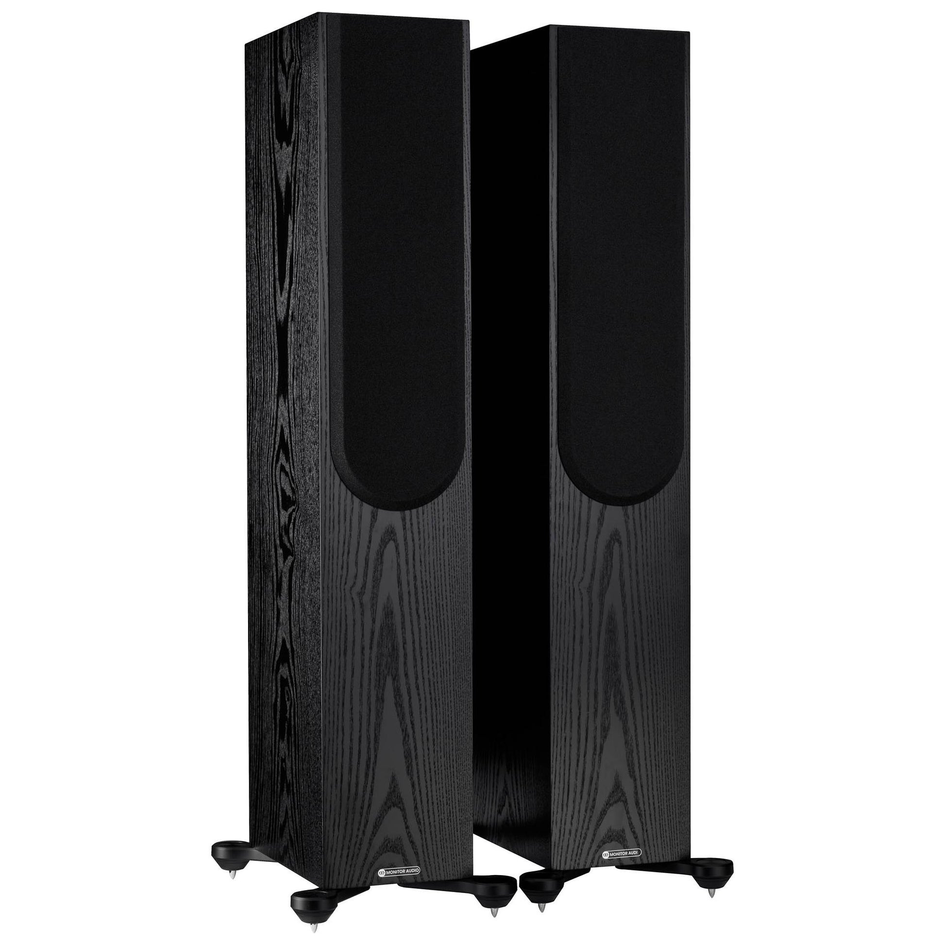 Pair of black floor-standing speakers on a white background