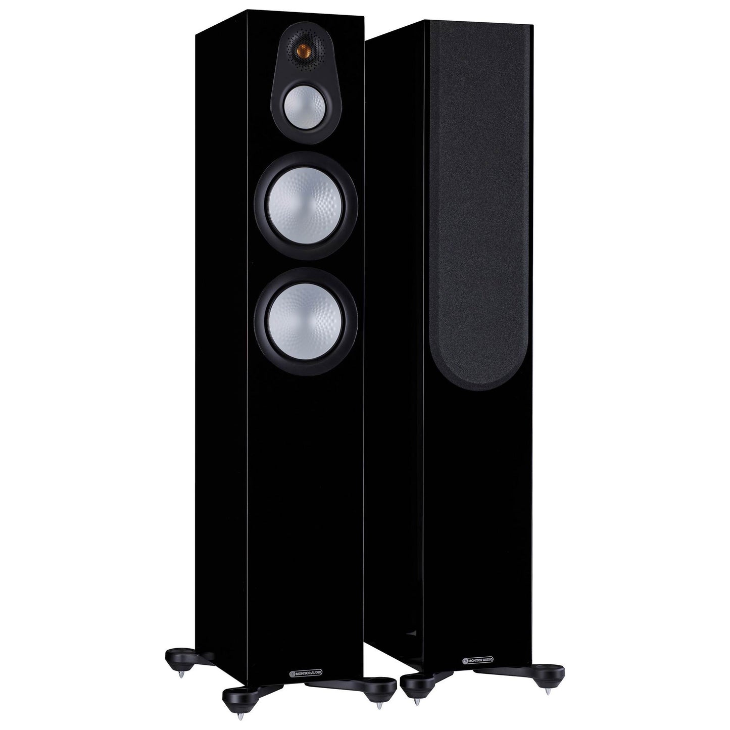 Pair of black floor-standing speakers on a white background