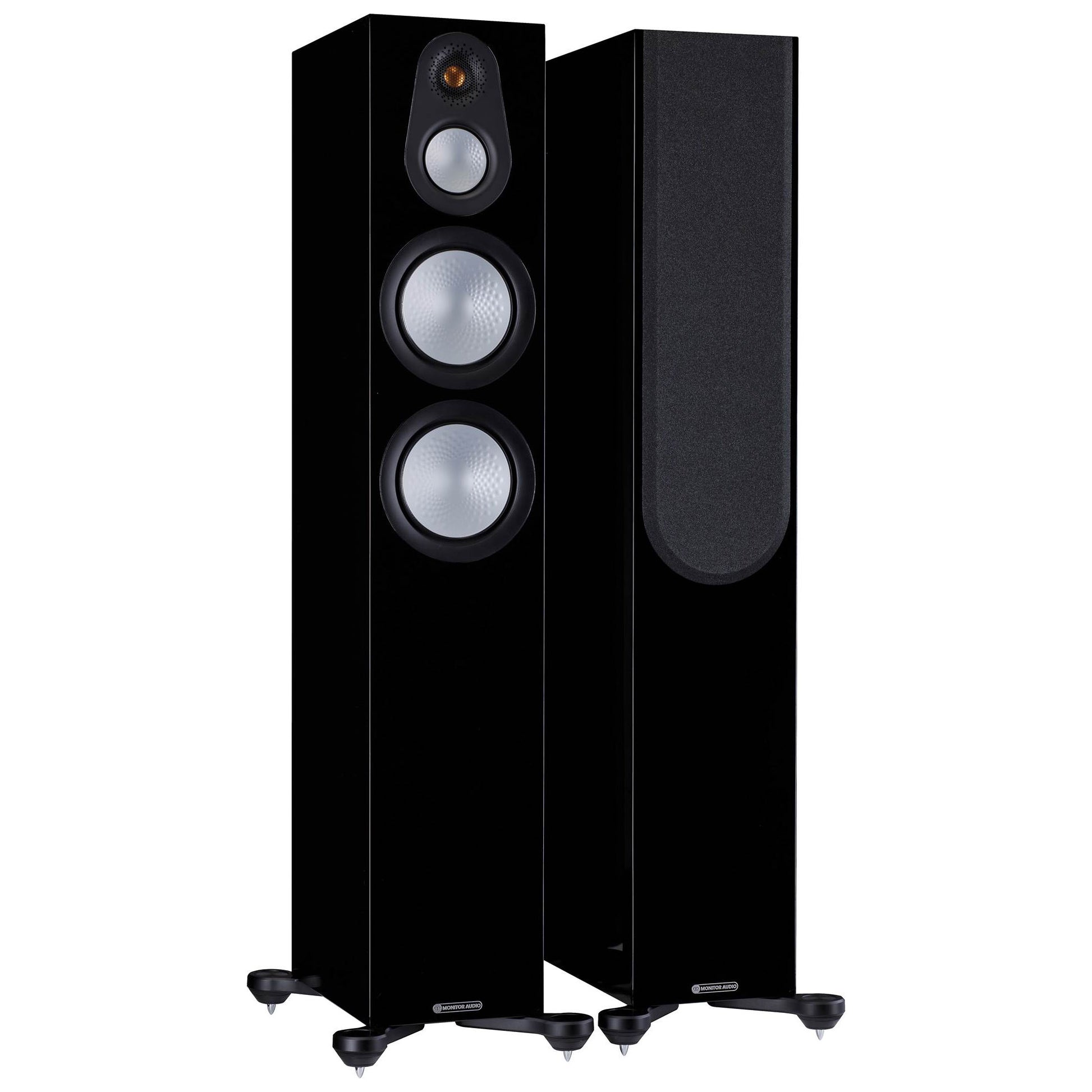 Pair of black floor-standing speakers on a white background