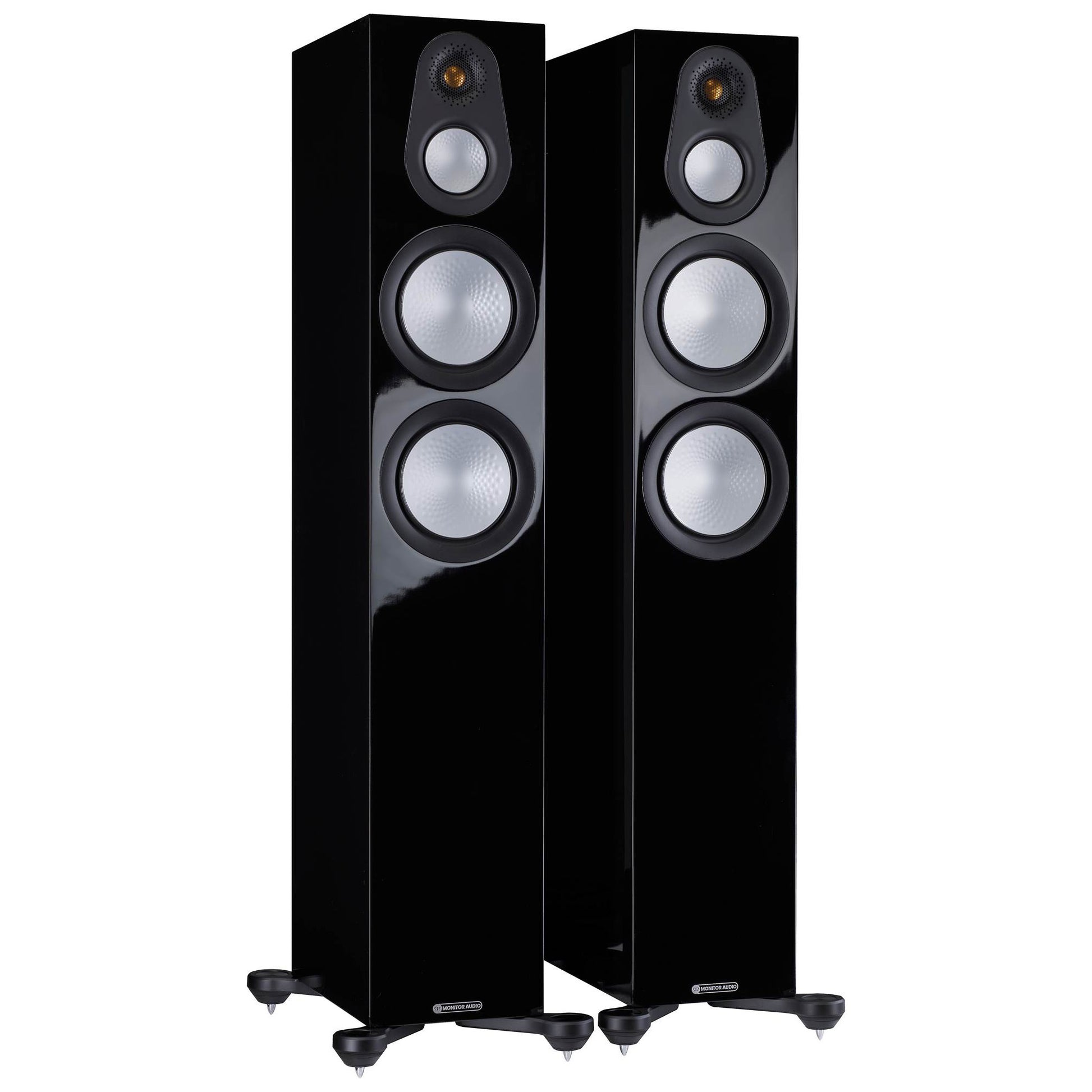 Pair of black floor-standing speakers on a white background