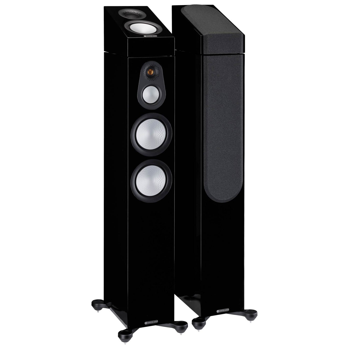 Black floor-standing speakers on a white background