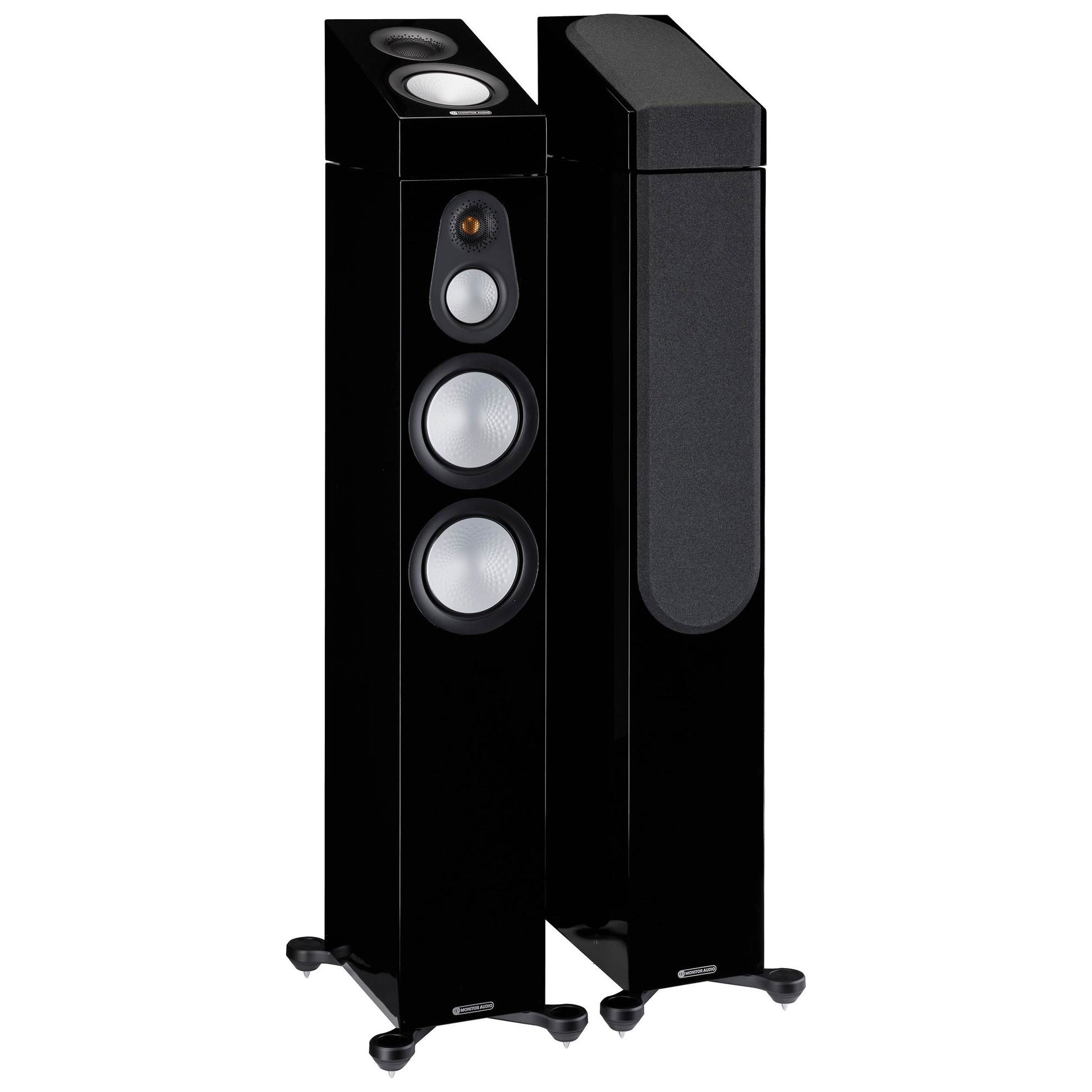 Black floor-standing speakers on a white background