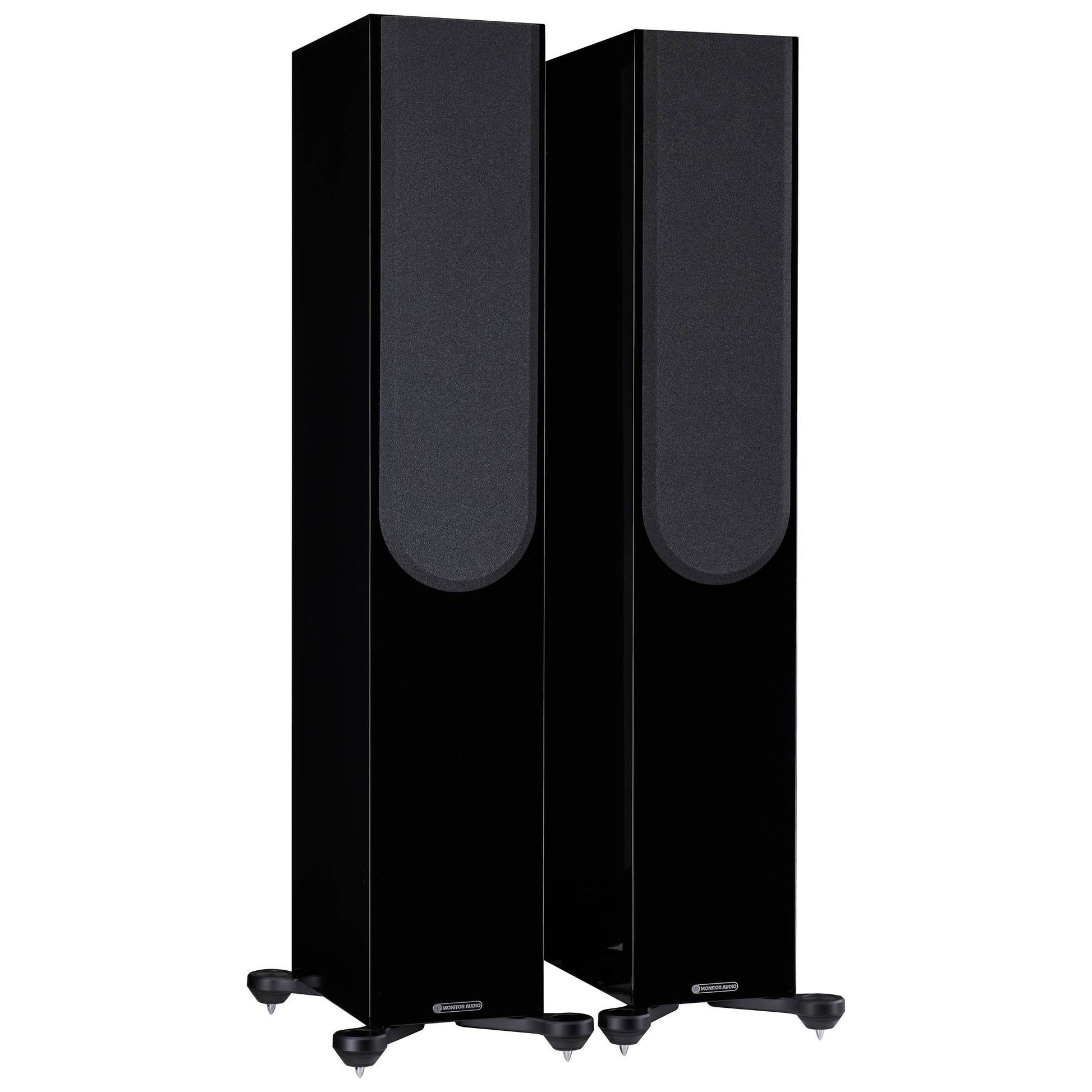 Pair of black floor-standing speakers on a white background