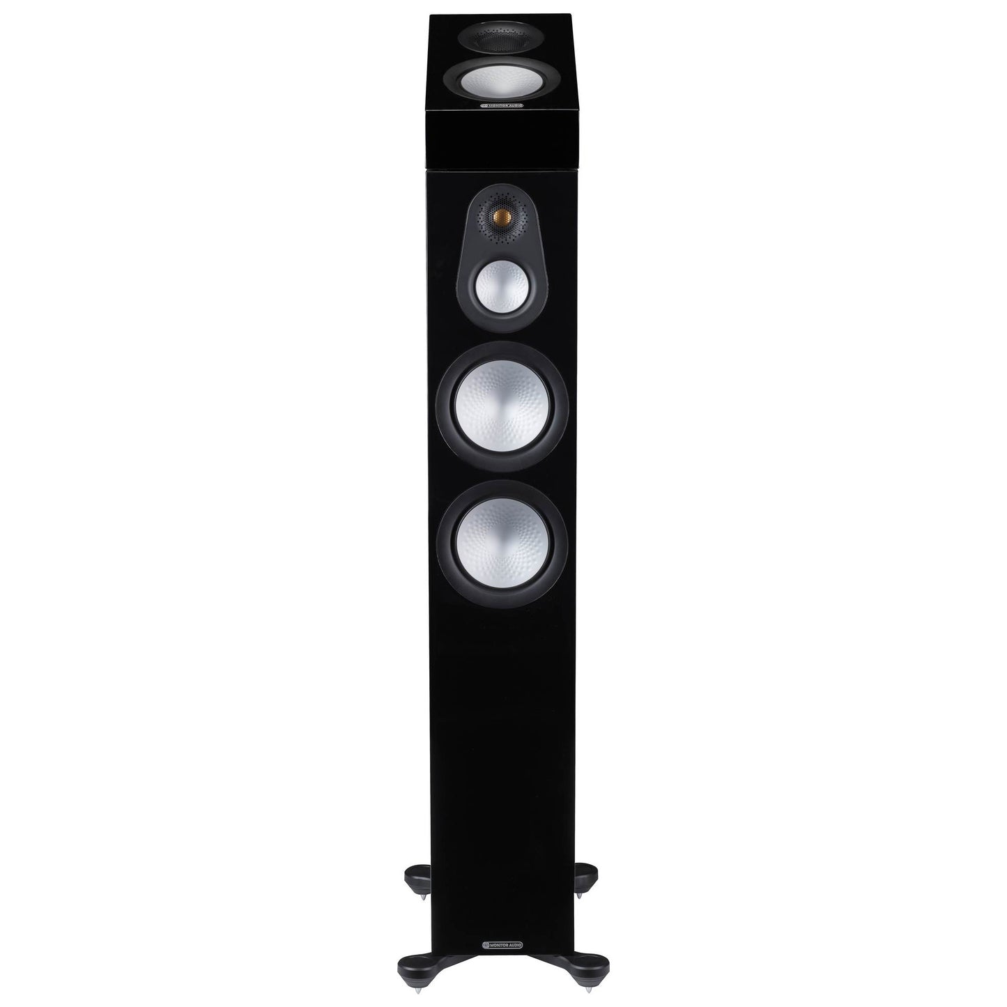 Black floor-standing speaker on a white background