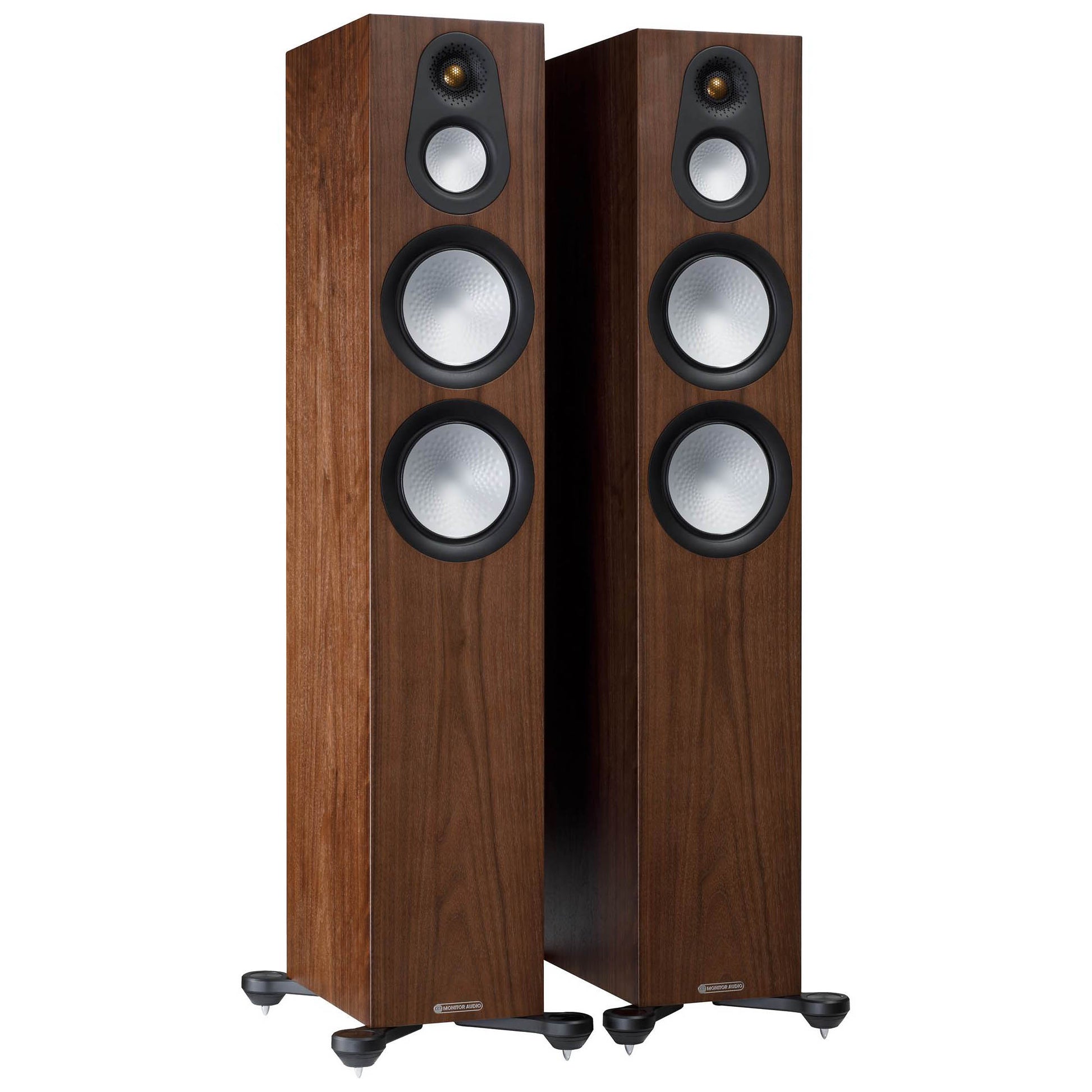 Pair of wooden floor-standing speakers on a white background