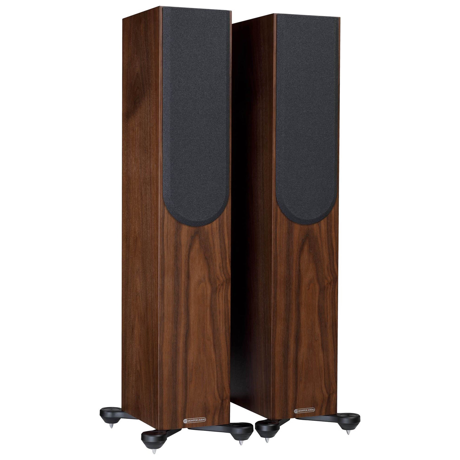 Pair of wooden speakers with black grills on a white background