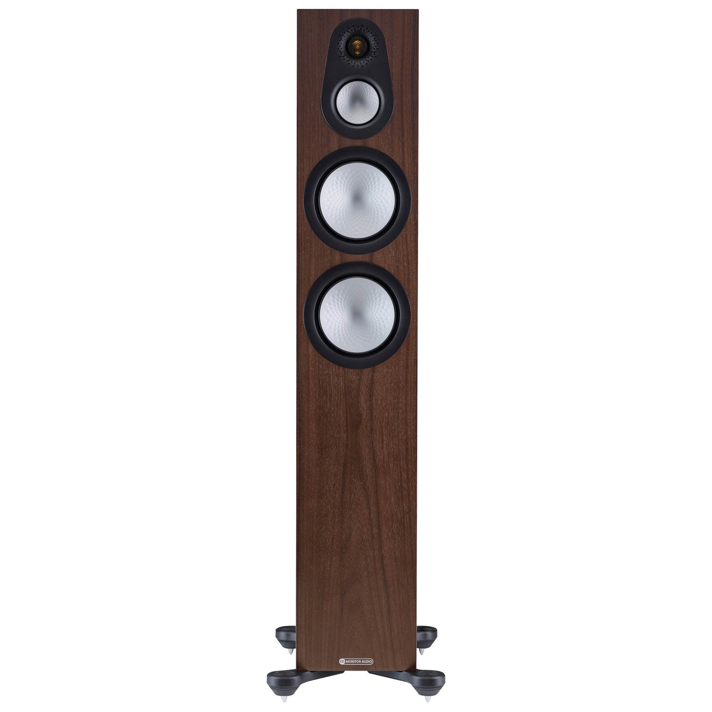 Wooden floor-standing speaker with three drivers on a white background