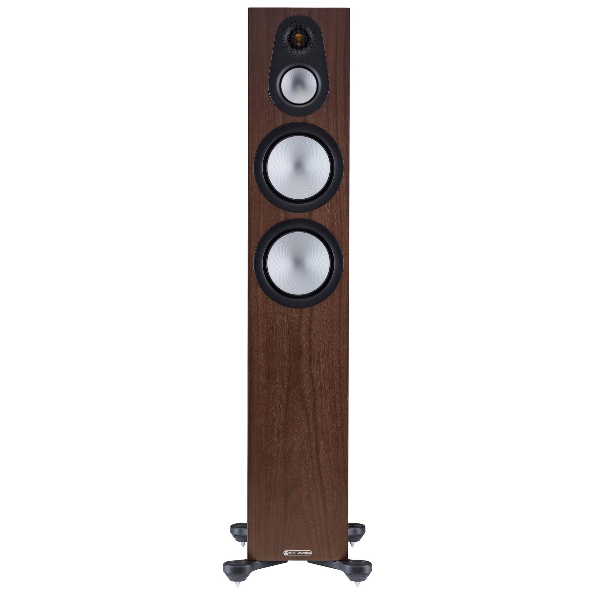 Wooden floor-standing speaker with three drivers on a white background