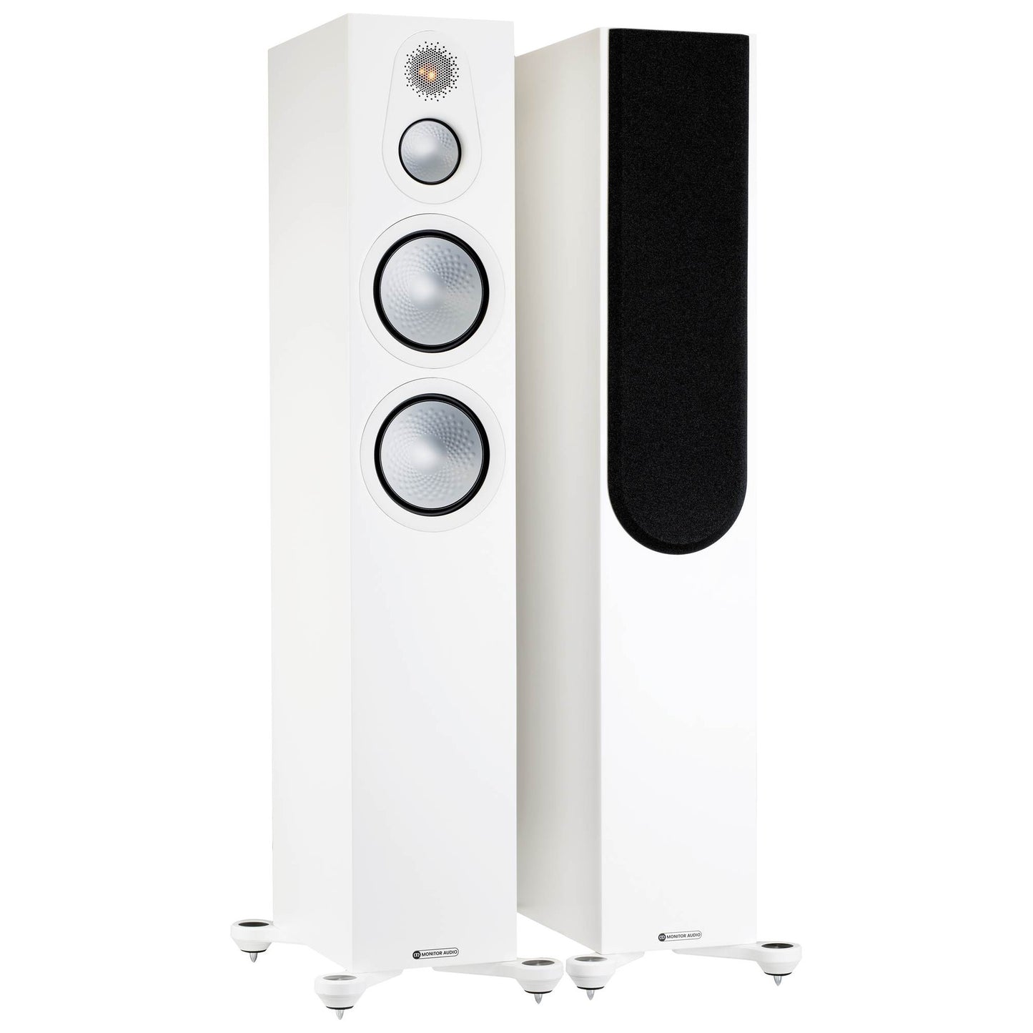 White floor-standing speaker with black grille on a white background