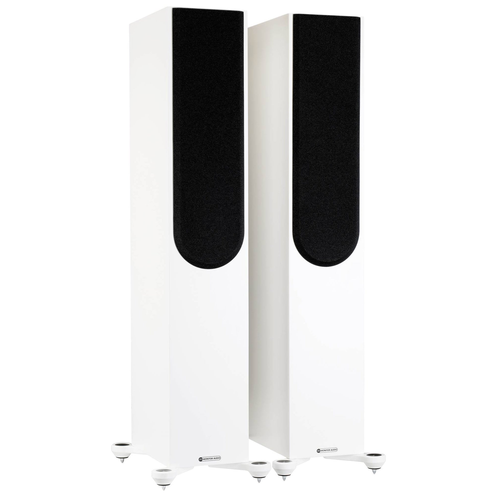Pair of white floor-standing speakers with black grilles on a white background
