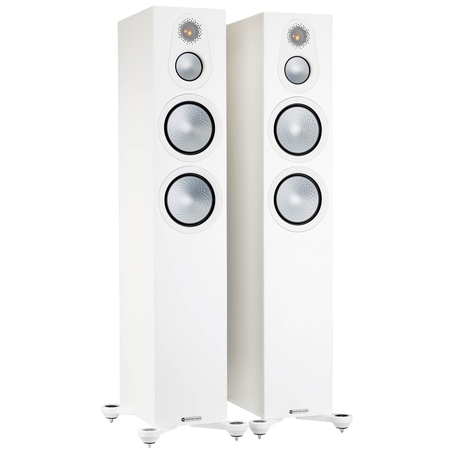 Pair of white floor-standing speakers on a white background