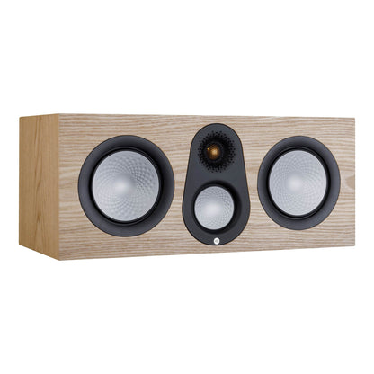 Center channel speaker with wooden front panel on a white background