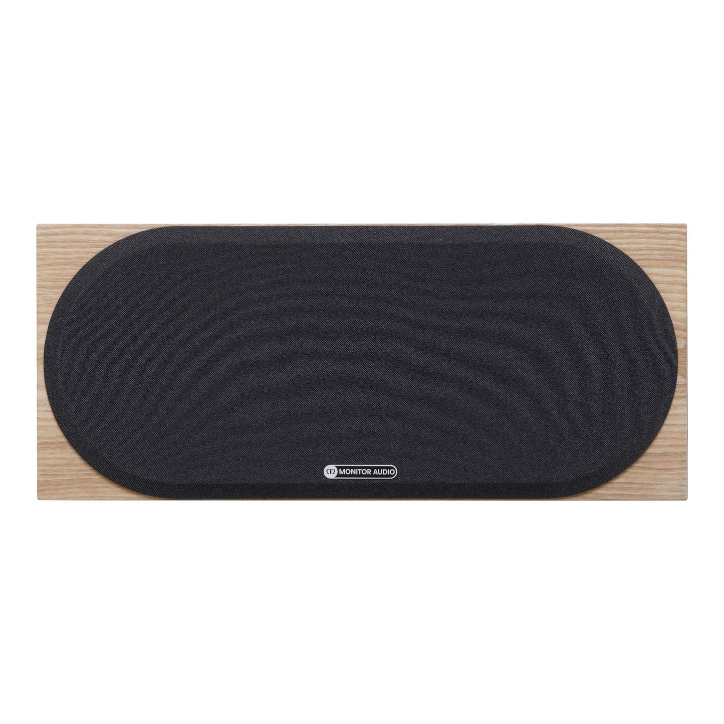 Black speaker grille on a wooden frame with Monitor Audio logo