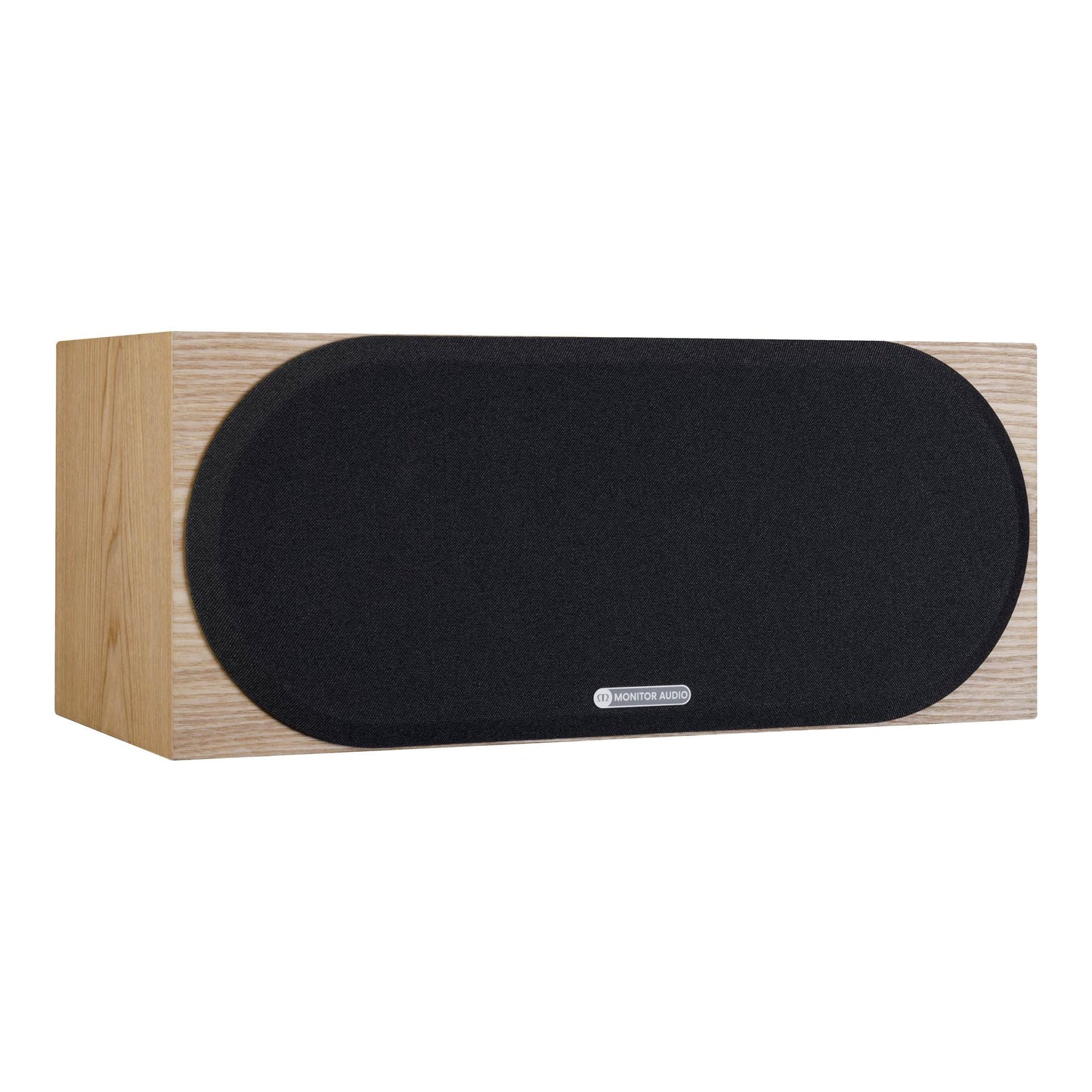 Center channel speaker with black grille on a white background