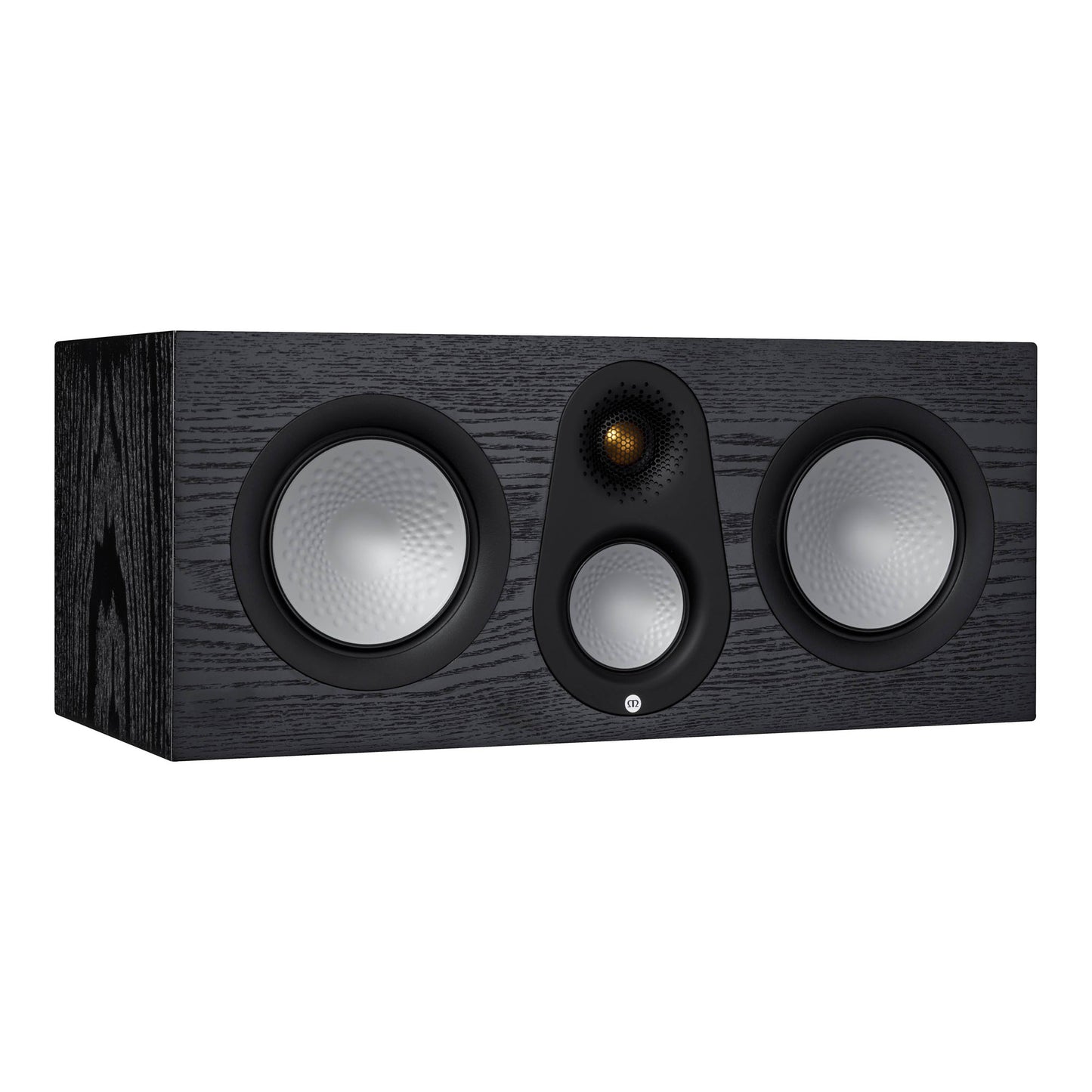 Center channel speaker with three circular drivers on a white background