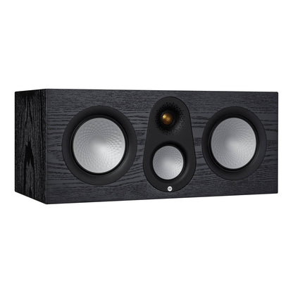 Center channel speaker with three circular drivers on a white background