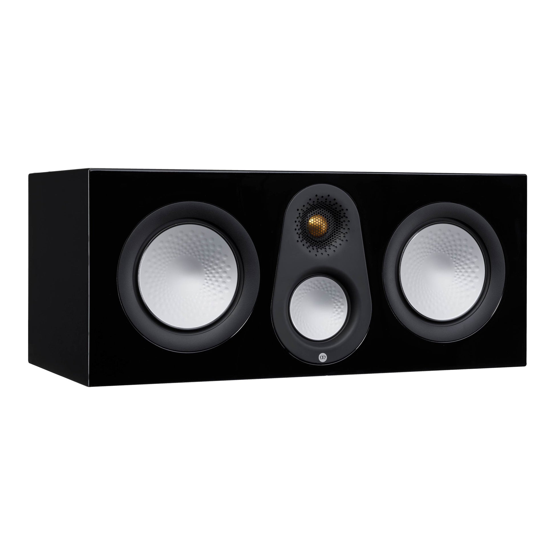 Center channel speaker with three drivers on a white background