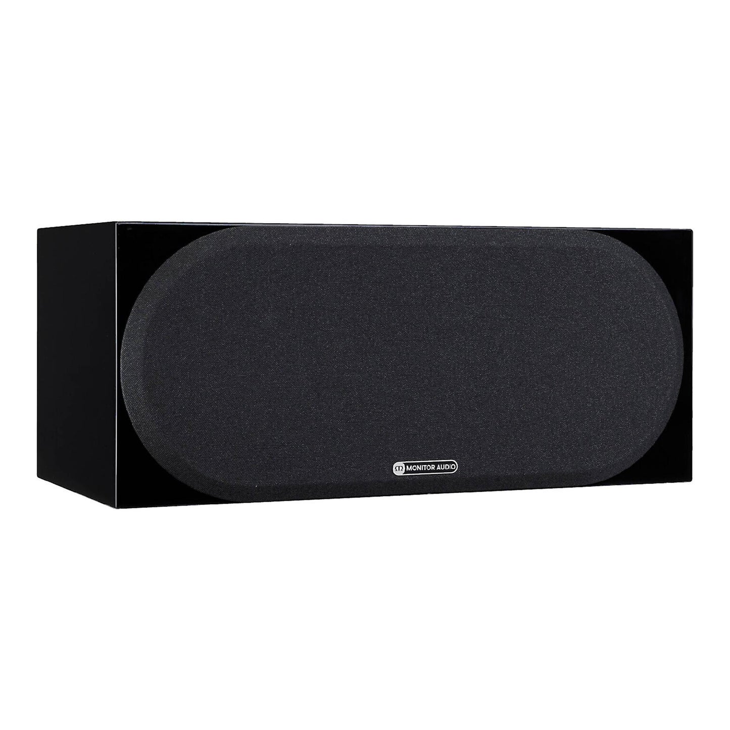 Black center channel speaker on a white background
