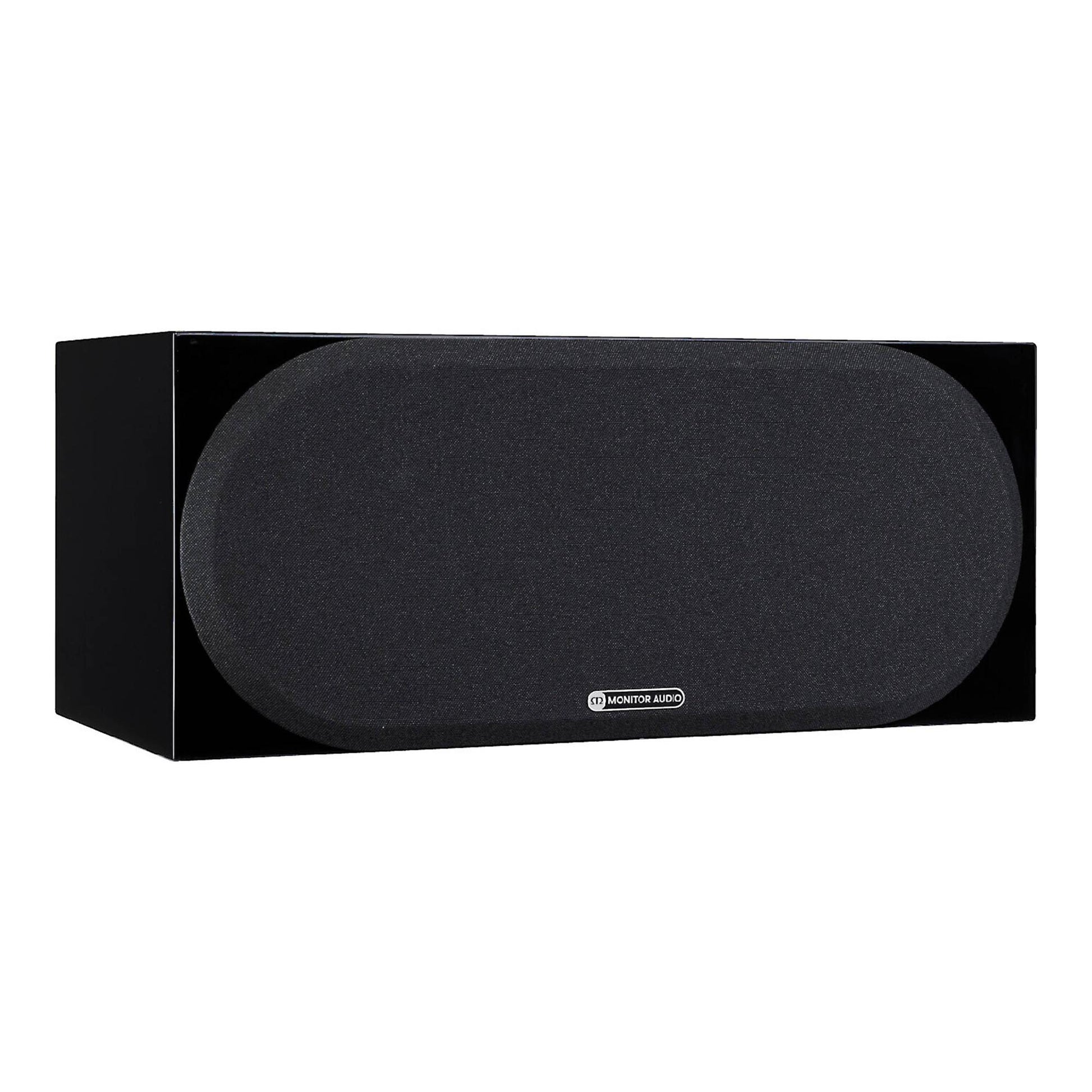 Black center channel speaker on a white background