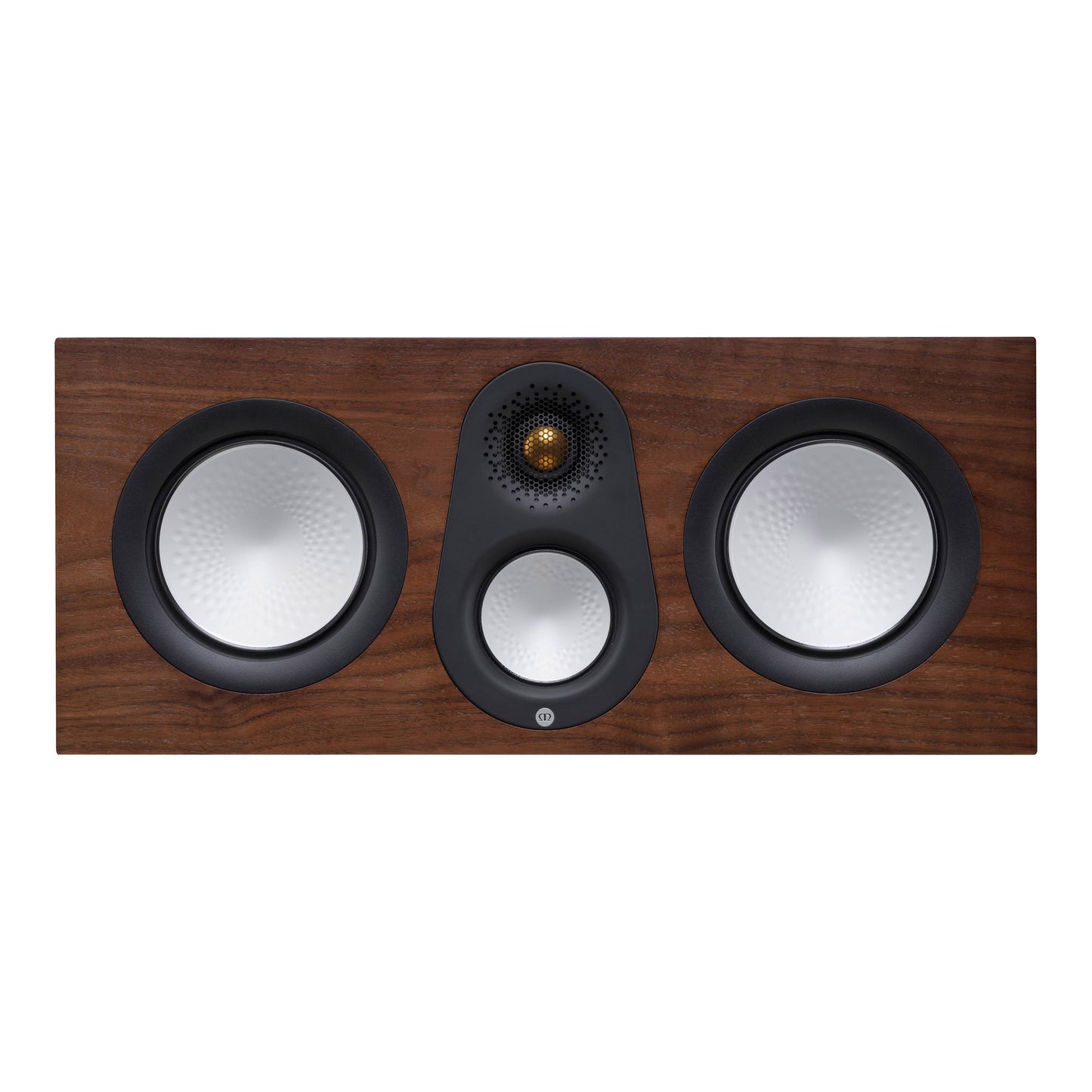 Three-way speaker system with wooden front panel on a white background
