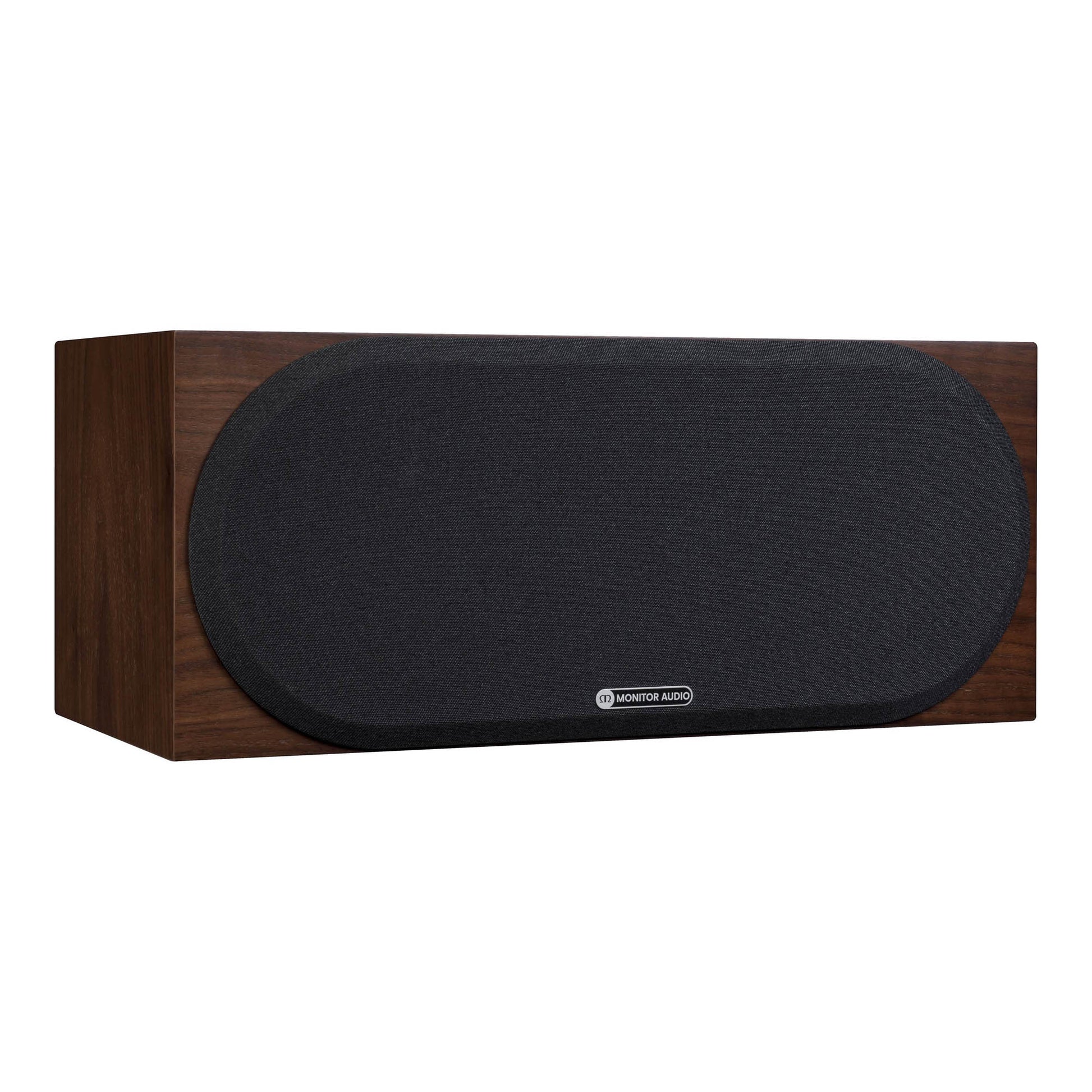 Center channel speaker with wooden front and black grille on a white background