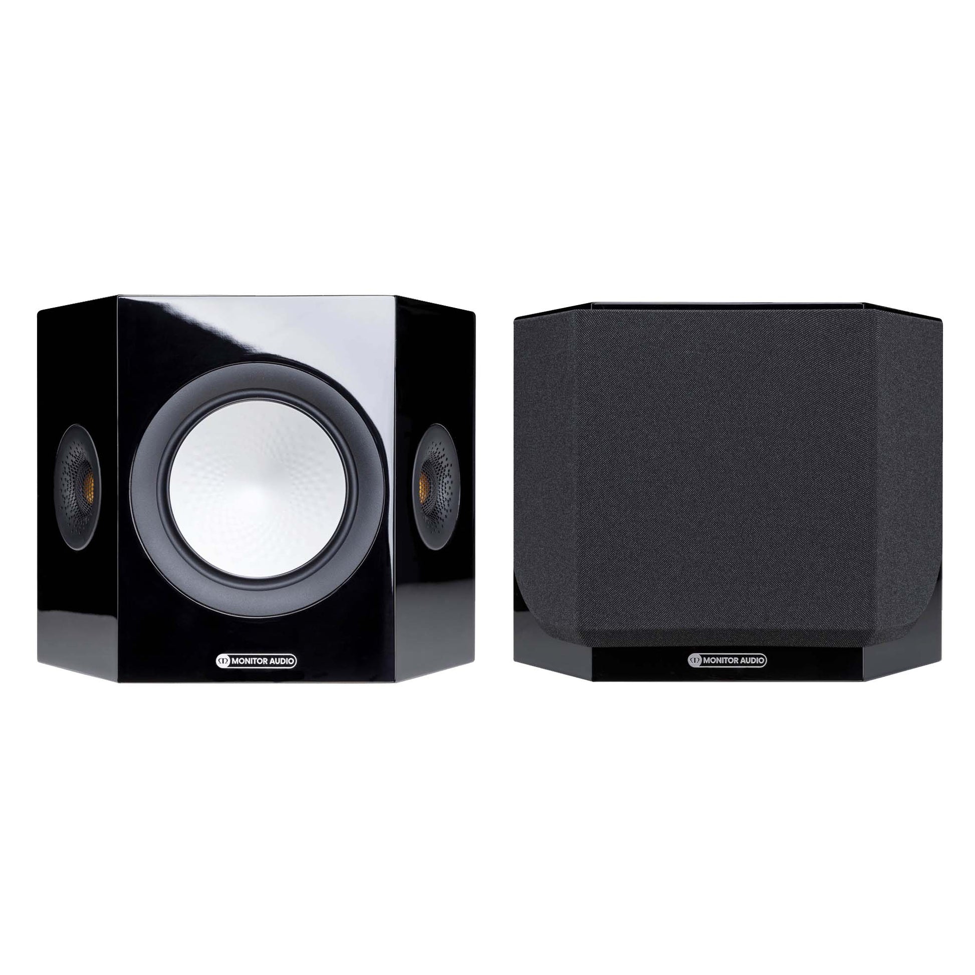 Pair of black speakers on a white background