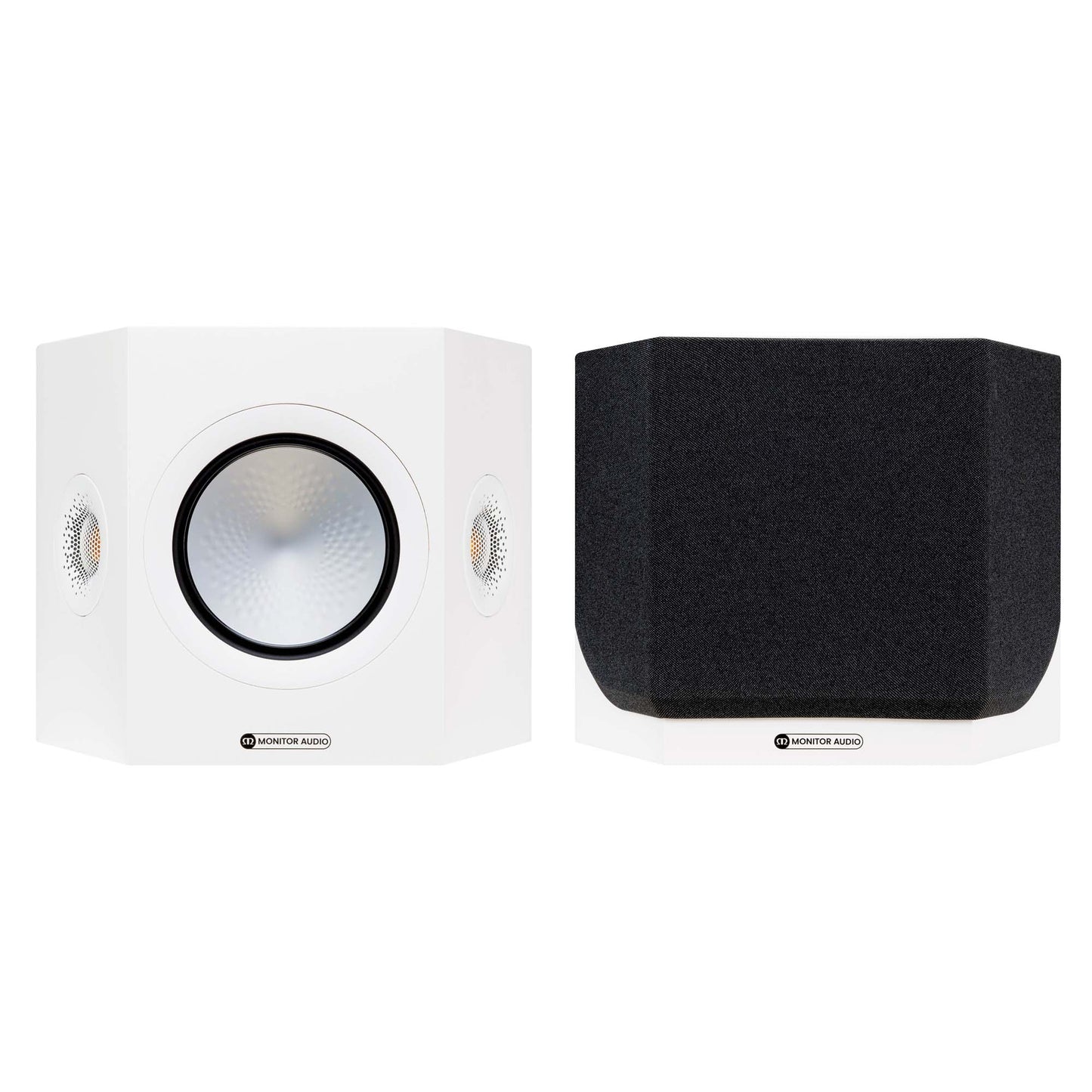 Monitor Audio Silver FX 7G Surround Speakers in white on a white background