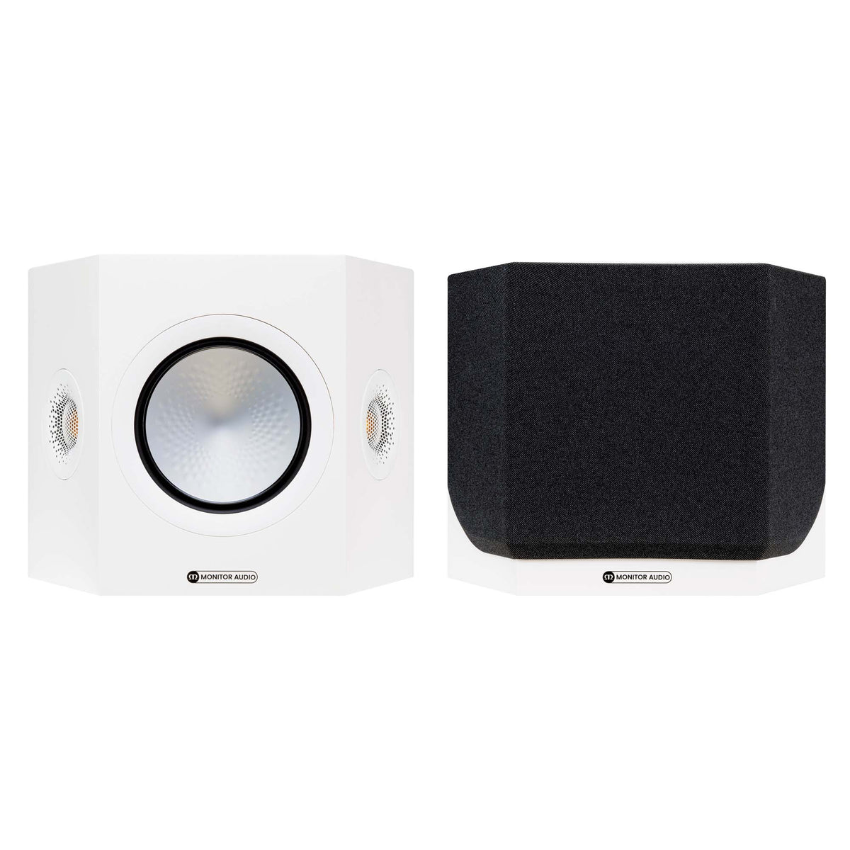 Monitor Audio Silver FX 7G Surround Speakers in white on a white background