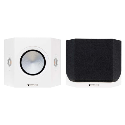 Monitor Audio Silver FX 7G Surround Speakers in white on a white background