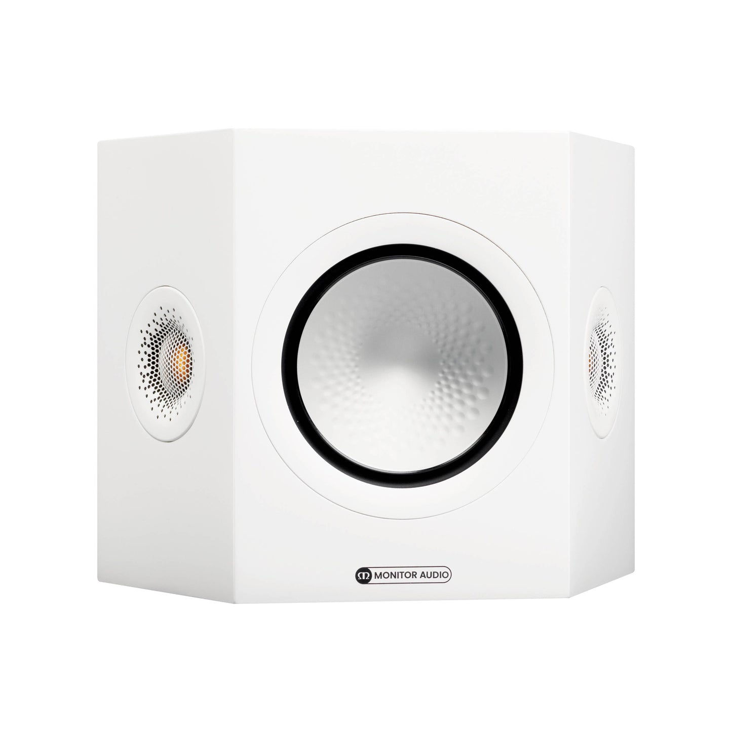 White speaker with 'Monitor Audio' branding on a white background