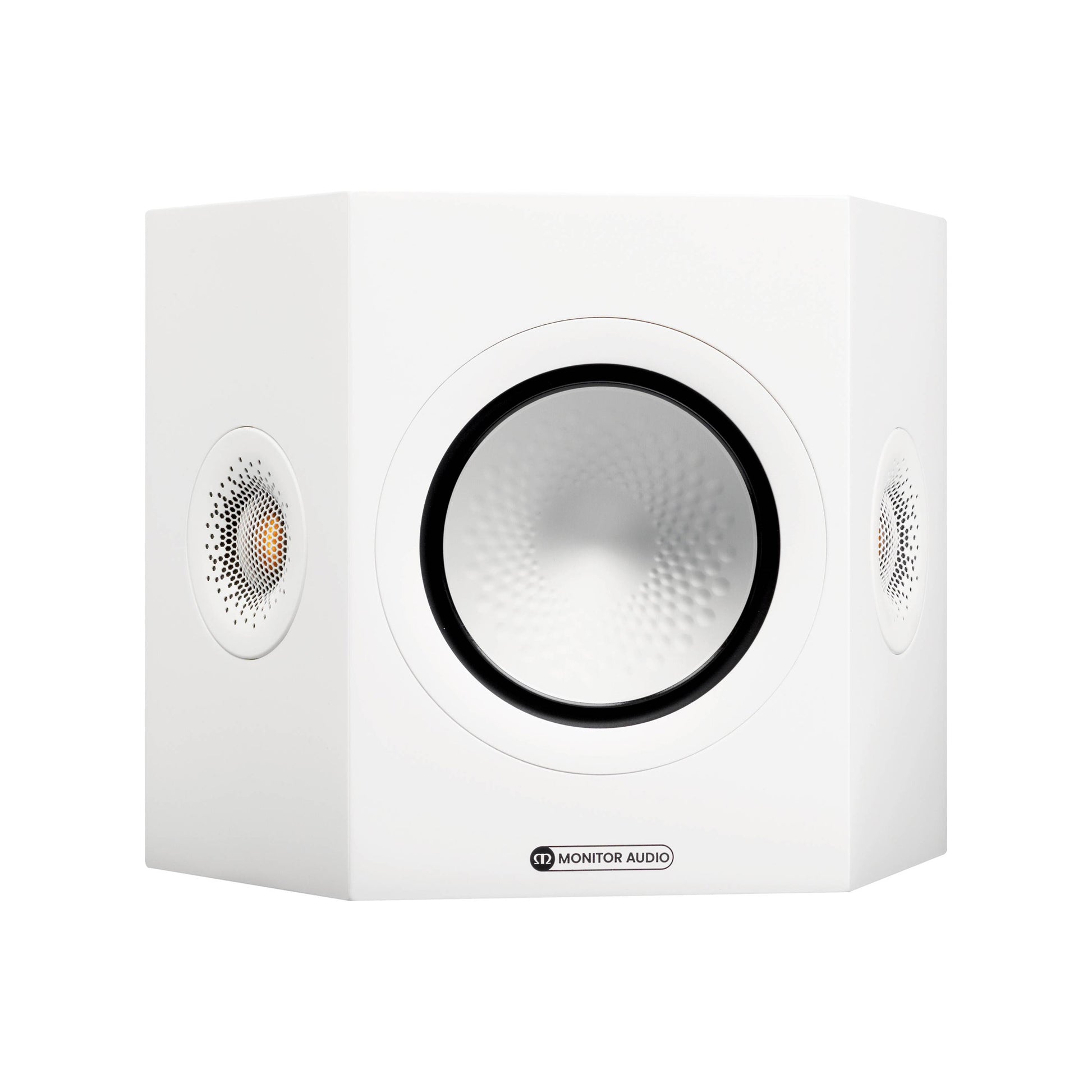 White speaker with 'Monitor Audio' branding on a white background