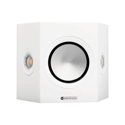 White speaker with 'Monitor Audio' branding on a white background