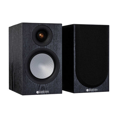 Pair of black speakers with brand logo on a white background